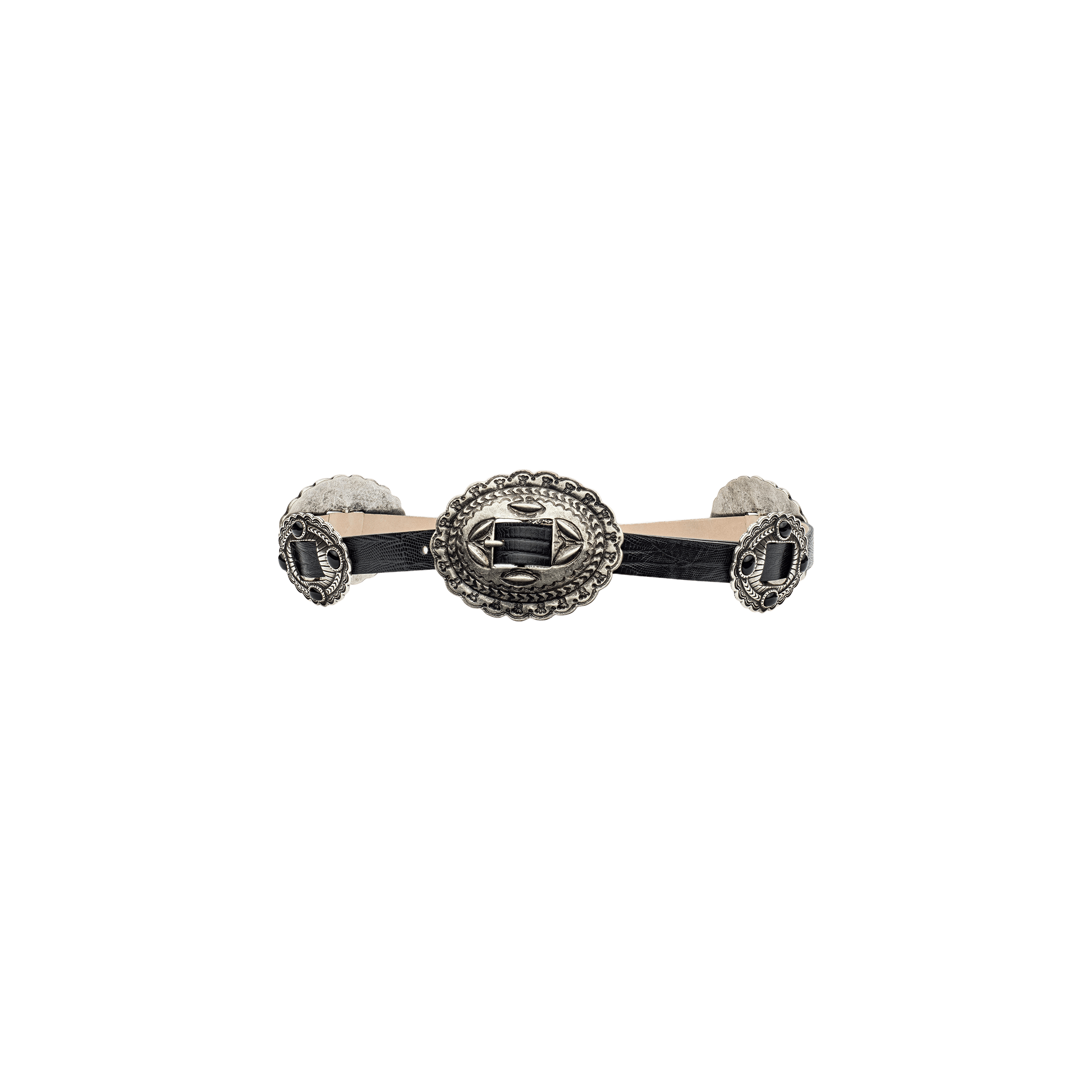 The Rocha Leather Belt features three oval-shaped, engraved silver conchos set on a dark leather band, evoking the artistry of a traditional concho belt, and is displayed on a plain white background.