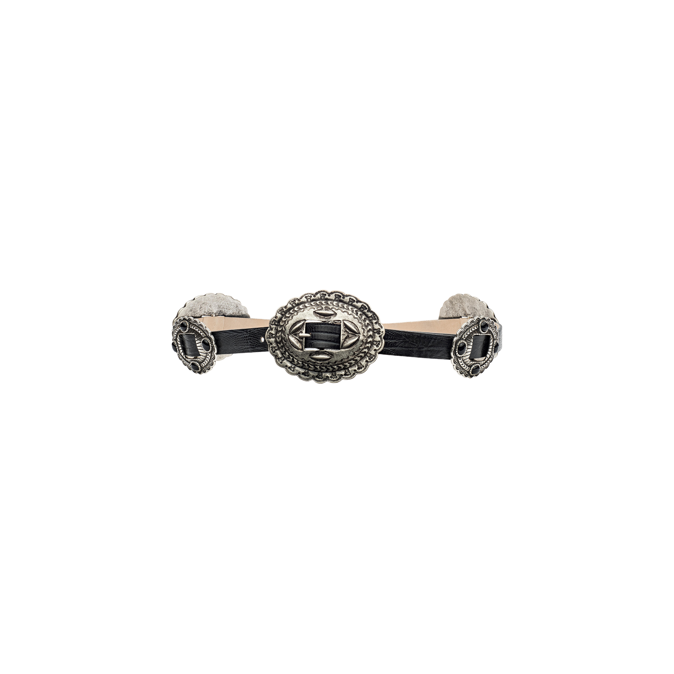 The Rocha Leather Belt features three ornate, oval-shaped decorative conchos with intricate patterns and raised detailing, reminiscent of traditional concho belt designs, all set on a dark leather band and displayed on a white background.