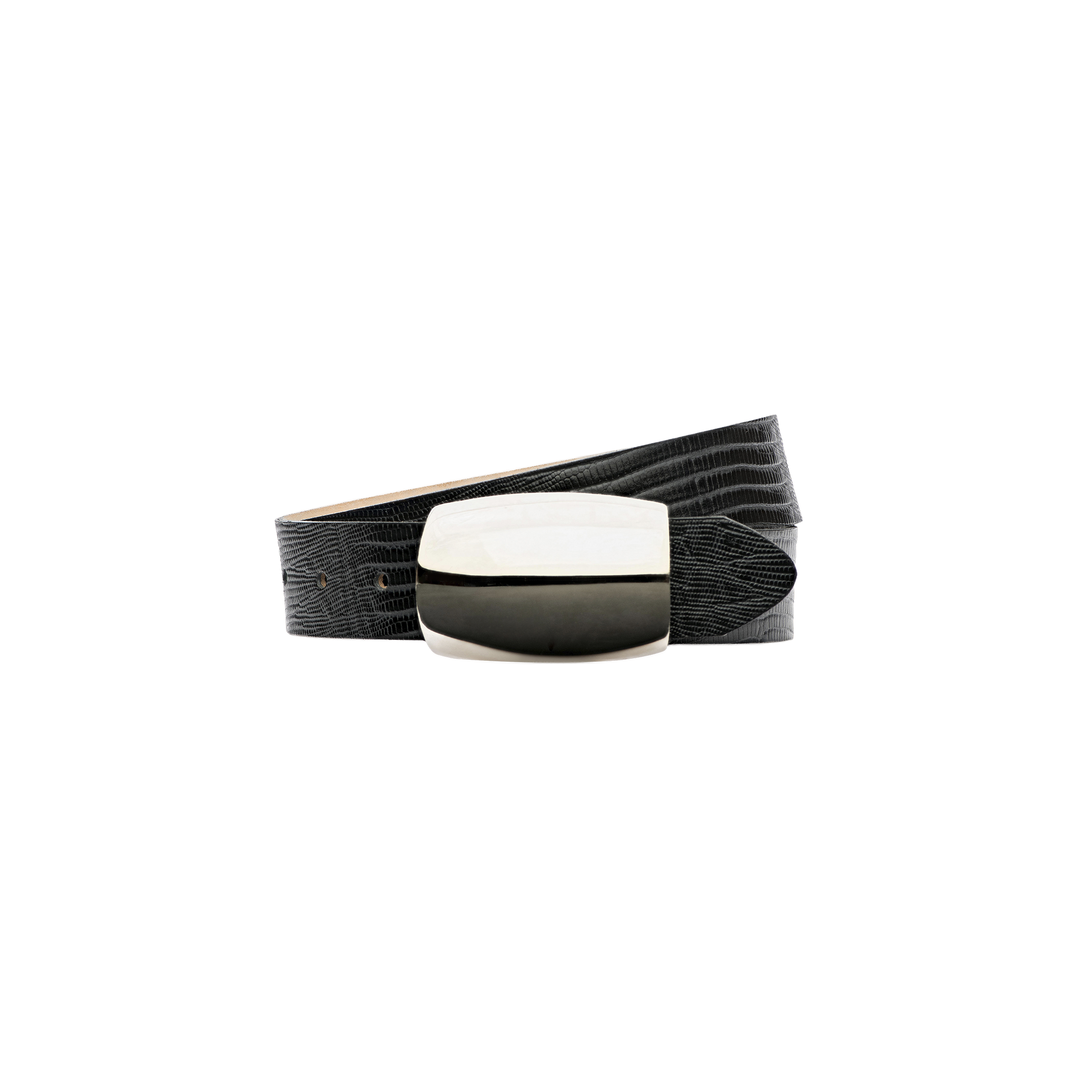 The Milou Belt, handcrafted in LA with a black lizard-embossed finish, features a textured pattern and a polished rectangular silver buckle, elegantly coiled in a loop against a plain white background.