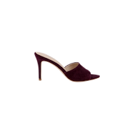The Lolita Suede Open-Toe Mule is a single burgundy stiletto-heeled mule, designed with an open toe and a beige insole, showcased against a plain white background.