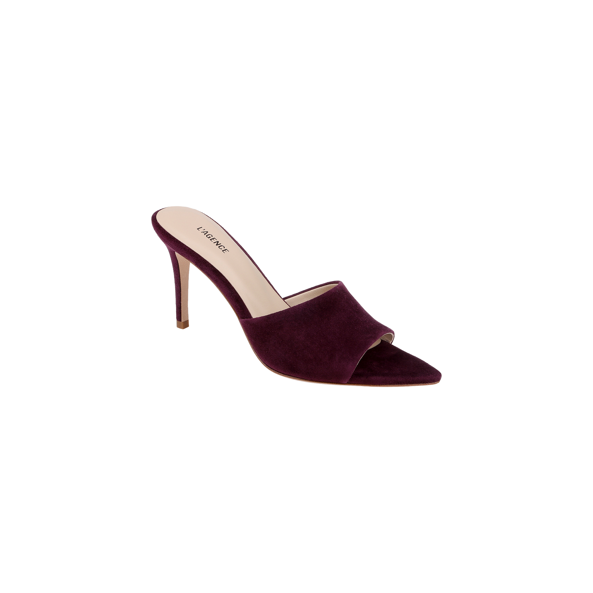 The Lolita Suede Open-Toe Mule, featuring a rich burgundy suede finish, pointed toe, stiletto heel, open back, and wide front strap, is displayed on a plain white background.