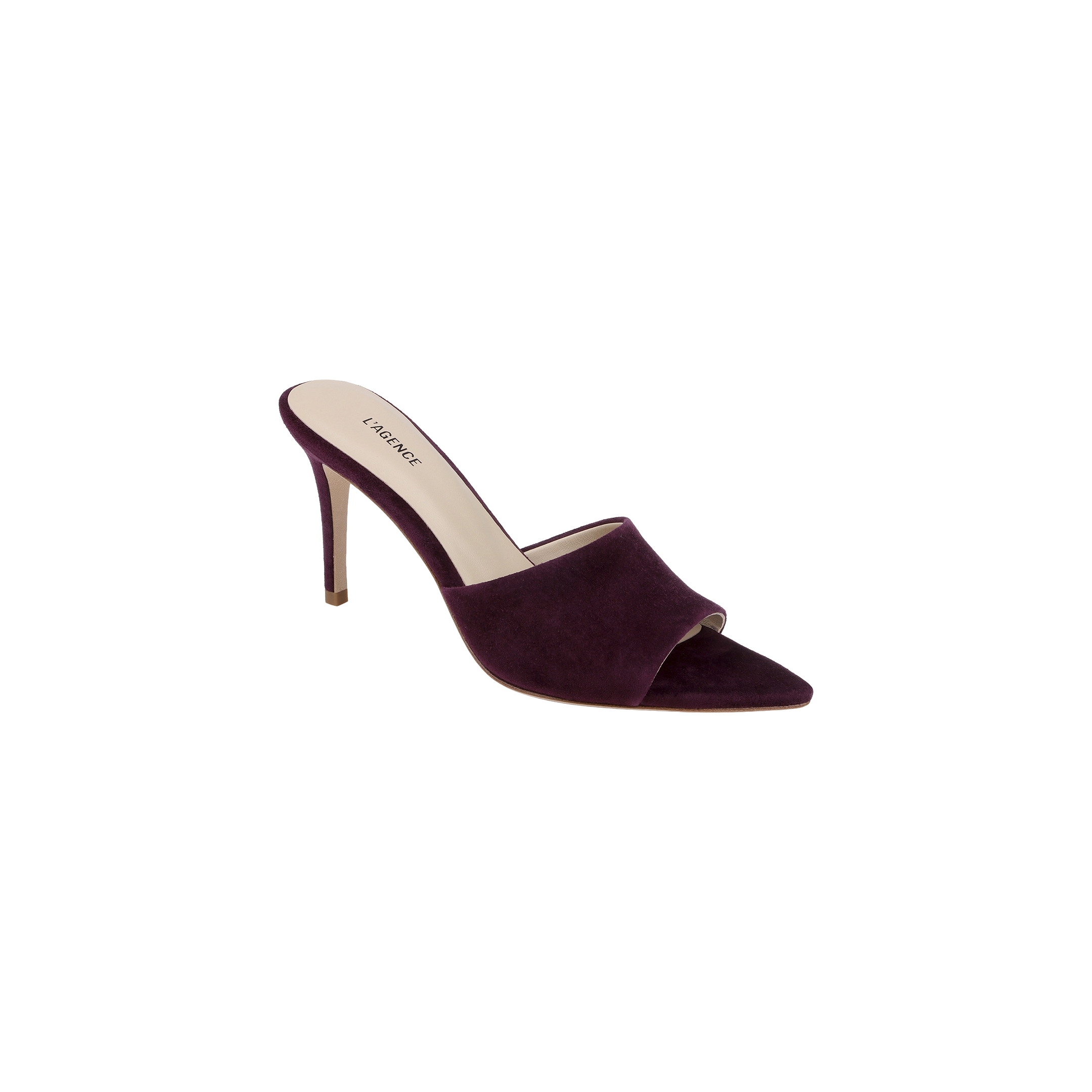 The Lolita Suede Open-Toe Mule, featuring a rich burgundy suede finish, pointed toe, stiletto heel, open back, and wide front strap, is displayed on a plain white background.