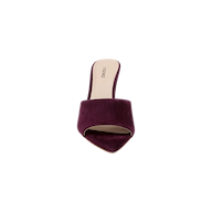 The Lolita Suede Open-Toe Mule, shown in a single burgundy suede design with a stiletto heel and pointed toe, is viewed from above against a plain white background.