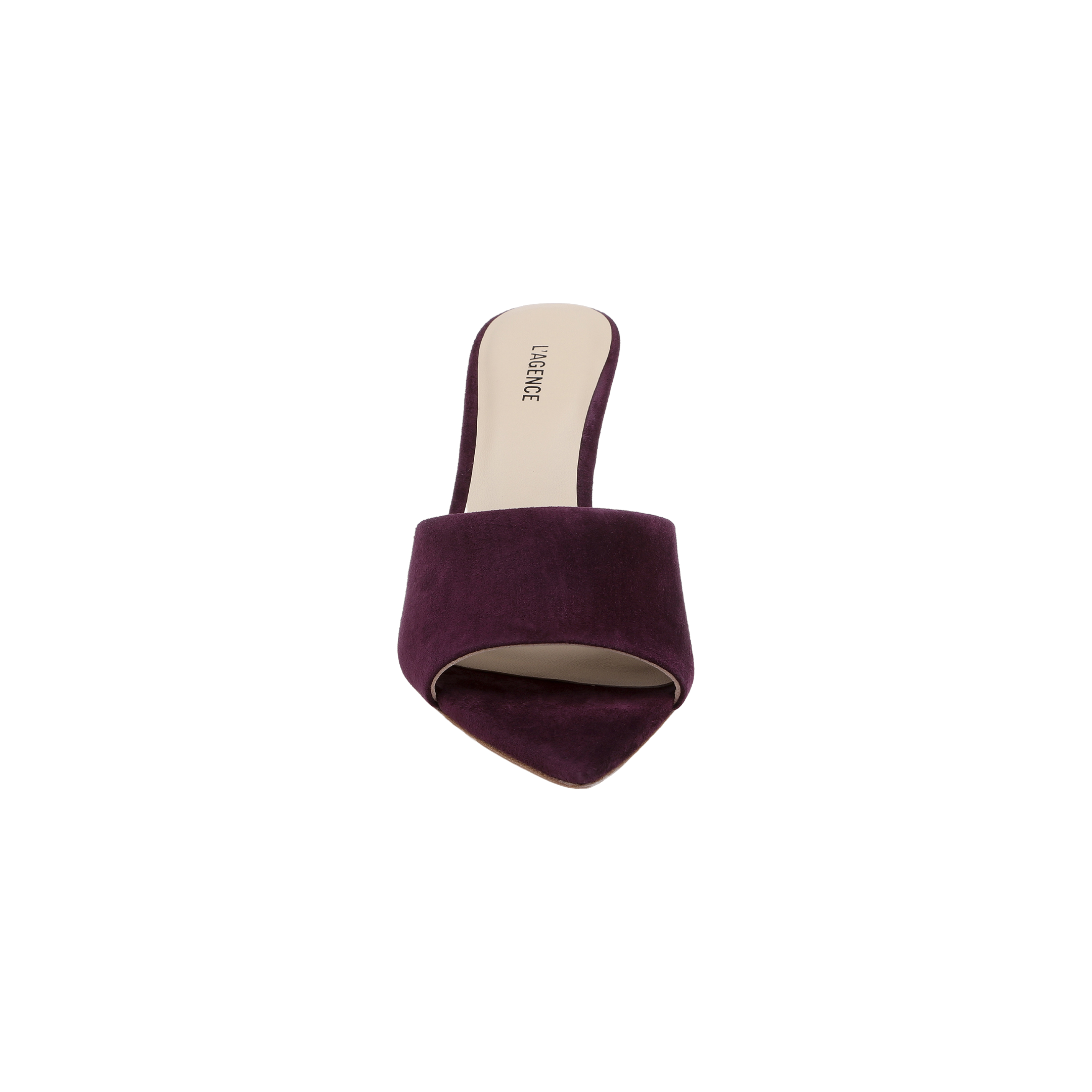 The Lolita Suede Open-Toe Mule, shown in a single burgundy suede design with a stiletto heel and pointed toe, is viewed from above against a plain white background.