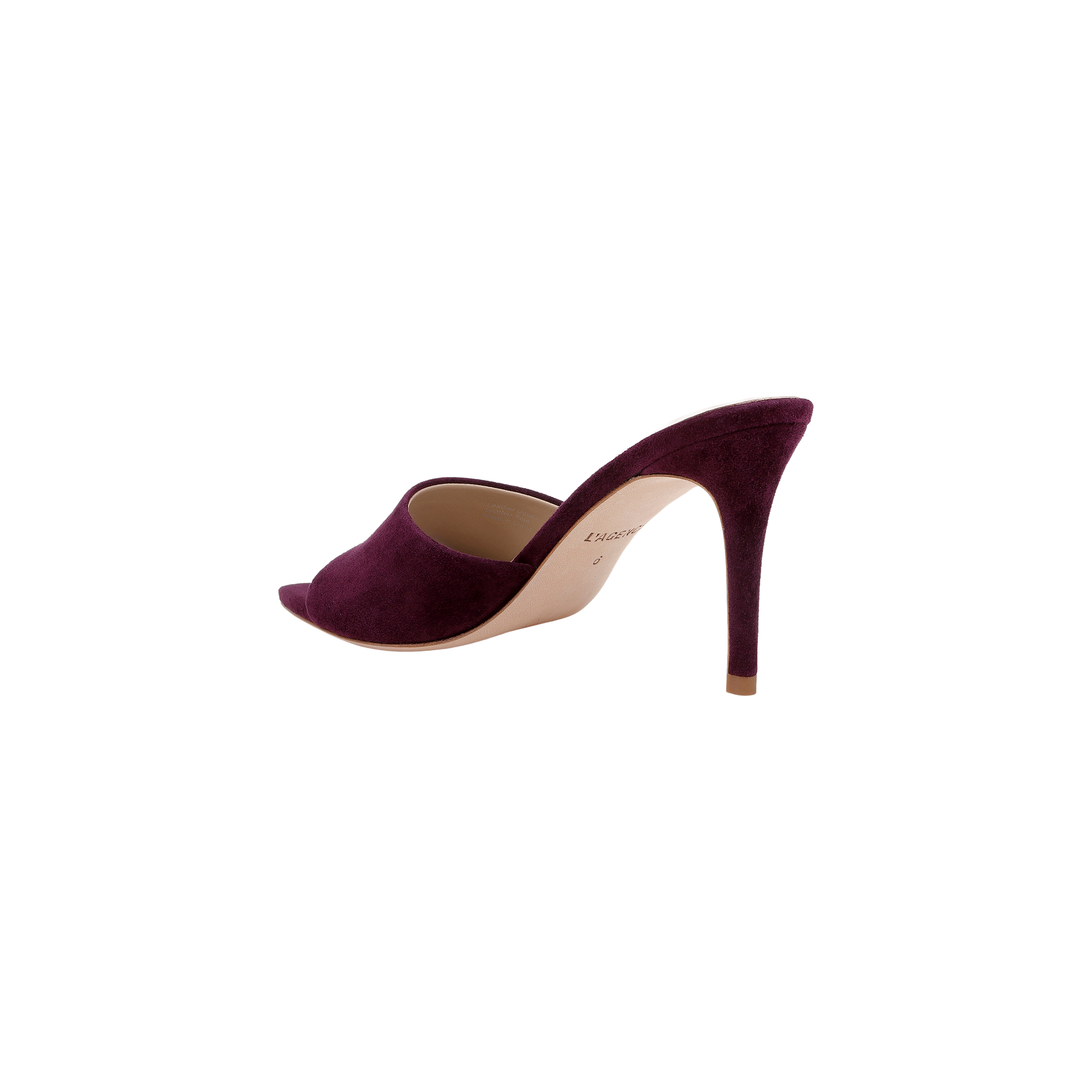 The Lolita Suede Open-Toe Mule, shown in burgundy suede with a stiletto heel, is pictured from the back right side against a plain white background.