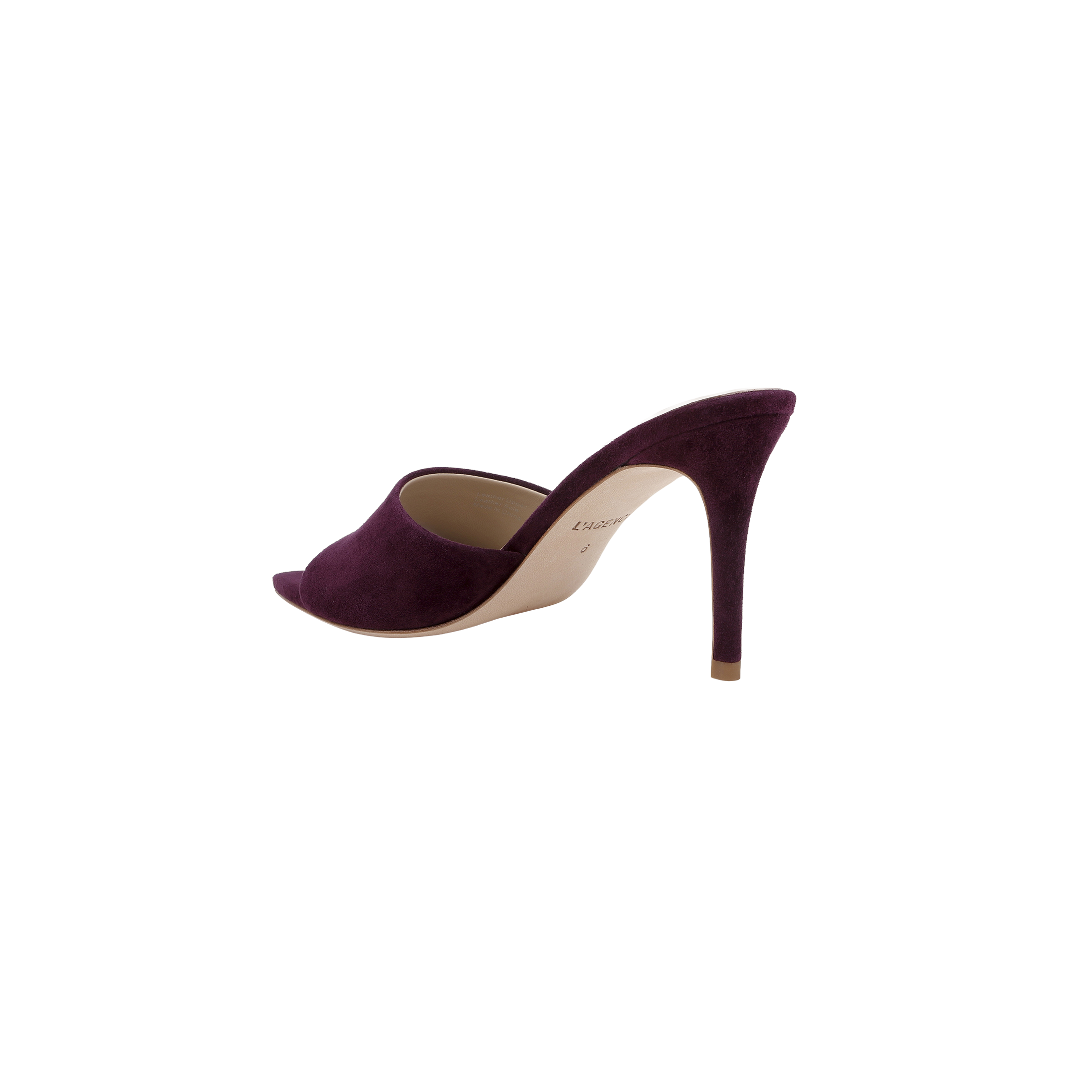 The Lolita Suede Open-Toe Mule, shown in burgundy suede with a stiletto heel, is pictured from the back right side against a plain white background.