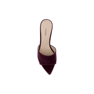 A single Lolita Suede Open-Toe Mule in burgundy, featuring a pointed toe and open back, is viewed from above. LAGENCE is printed on the insole against a plain white background.