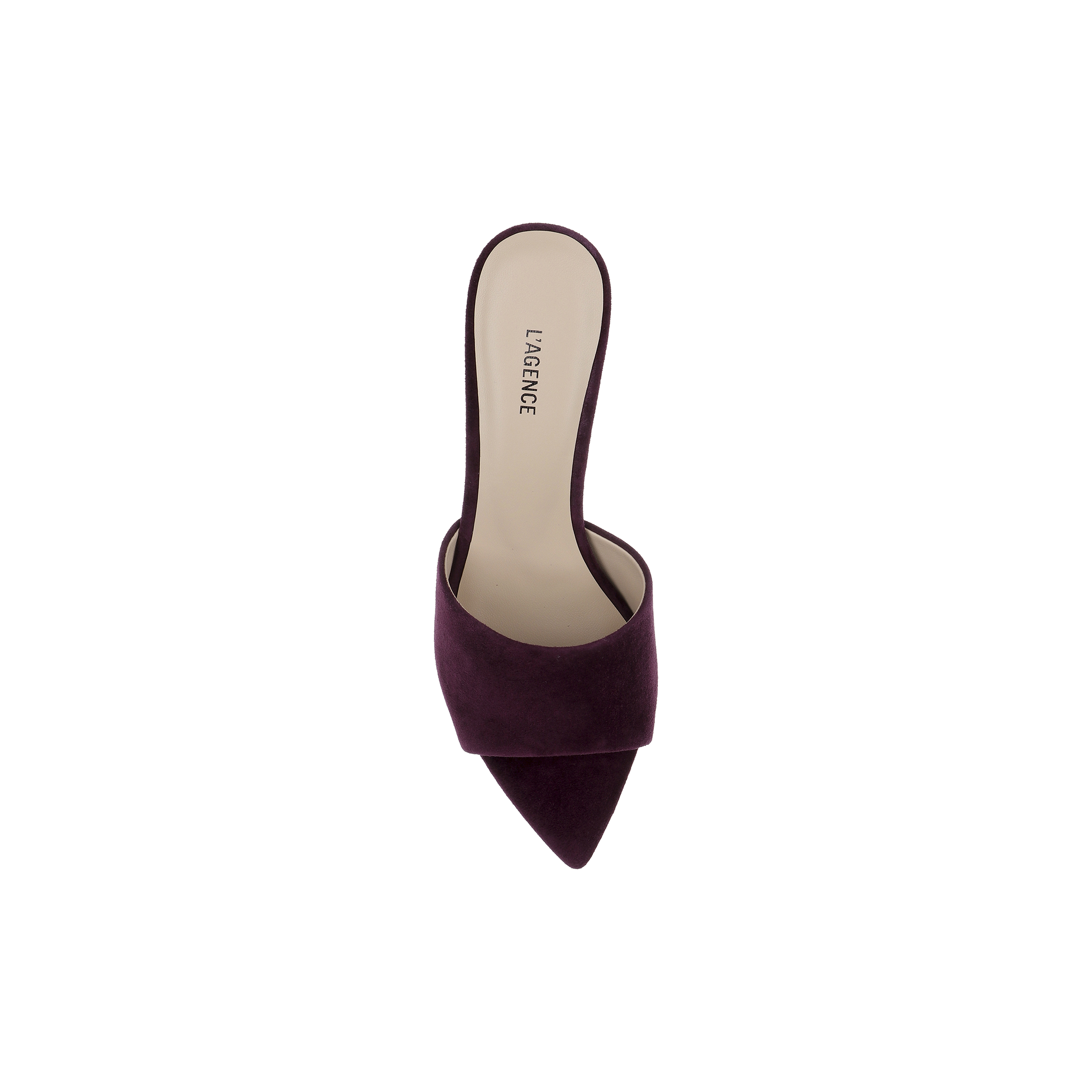 A single Lolita Suede Open-Toe Mule in burgundy, featuring a pointed toe and open back, is viewed from above. LAGENCE is printed on the insole against a plain white background.