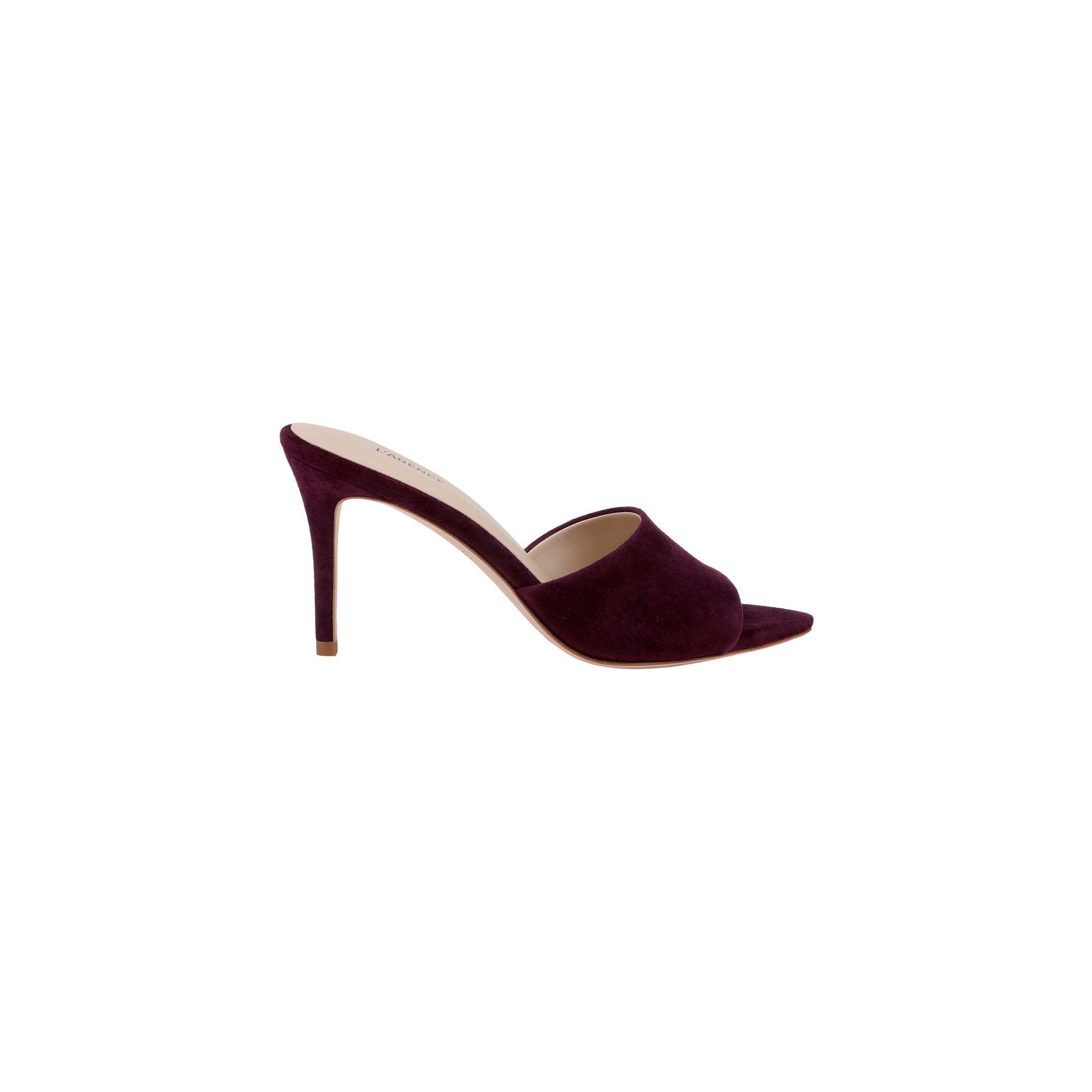 The Lolita Suede Open-Toe Mule in burgundy, featuring a stiletto heel, open toe, and beige insole, is displayed on a plain white background.