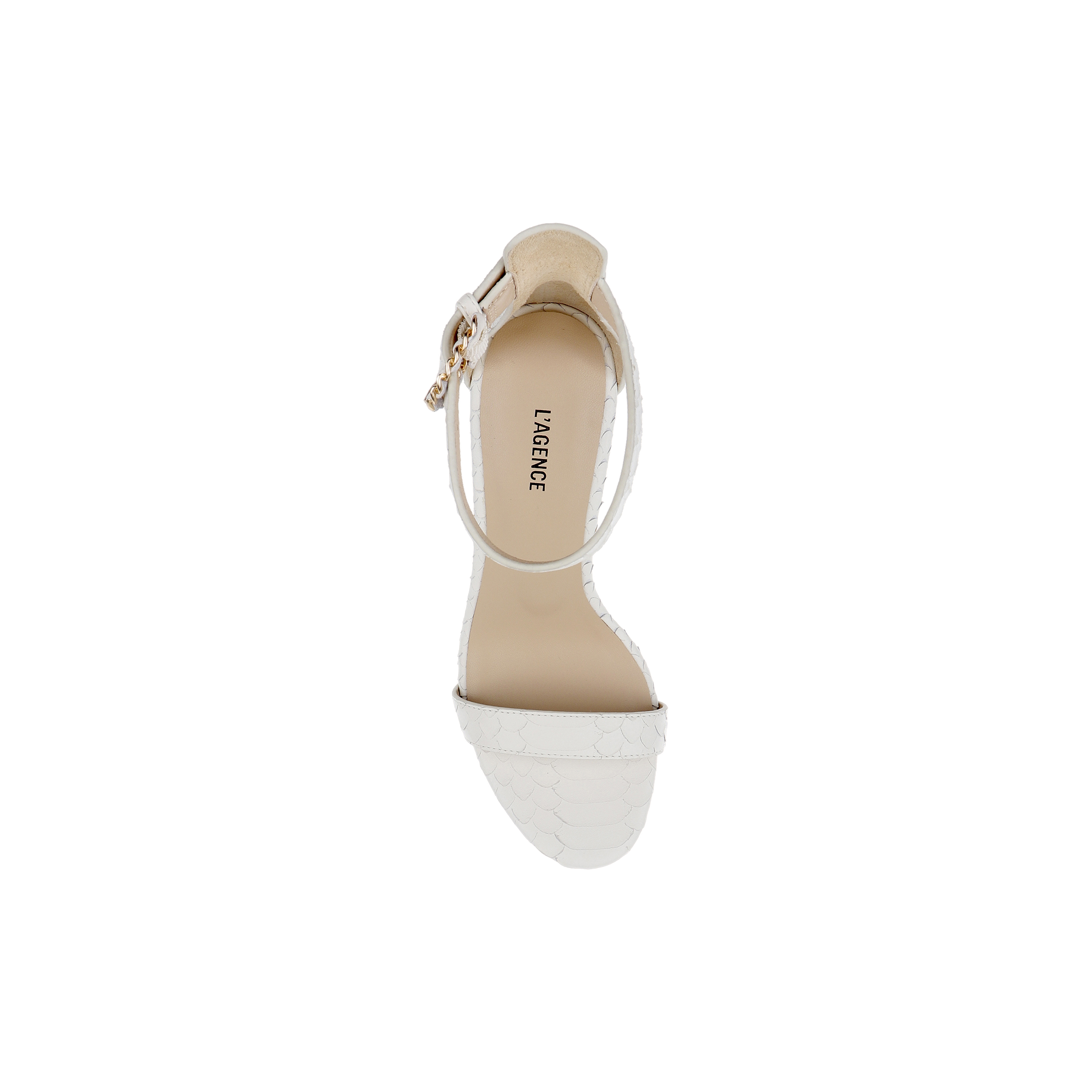 Top view of a single Gisele Leather Sandal in white, featuring an ankle strap with buckle, white serpentine scale detailing on the front strap, and a beige insole labeled LARENCE, displayed against a plain white background.