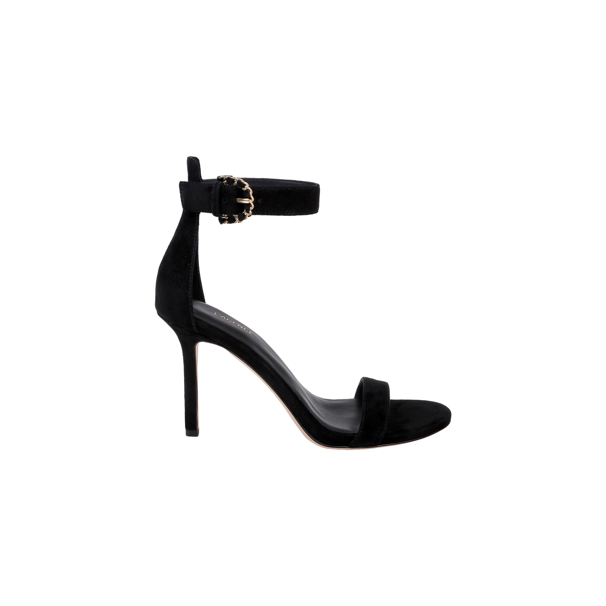 The Gisele Suede Sandal is a black ankle-strap sandal crafted from suede, featuring a gold buckle, an open toe, and a minimalist design, presented against a plain white background.