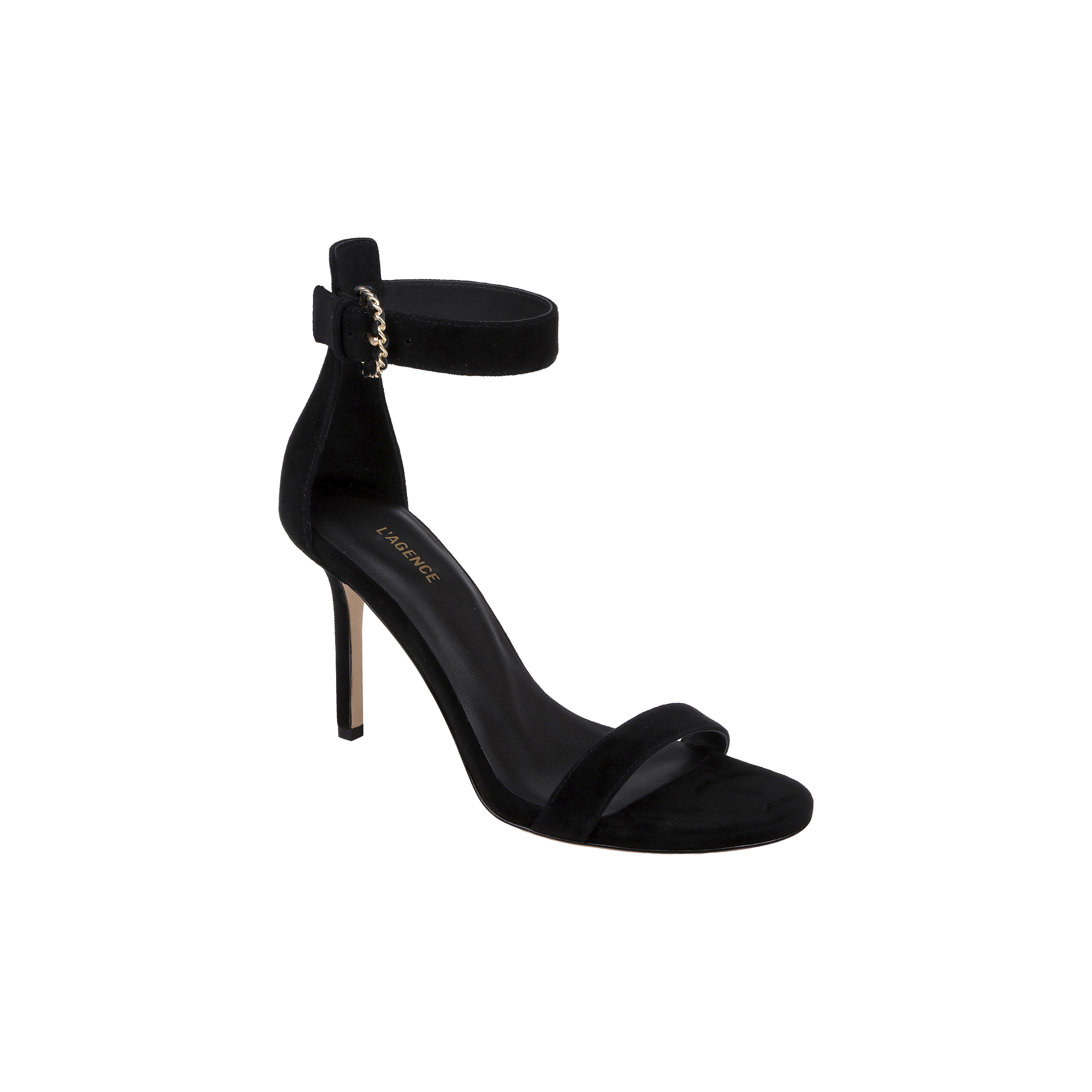 Introducing the Gisele Suede Sandal—a black suede ankle-strap sandal with an open toe, showcasing a slim stiletto heel and a refined, elegant design.