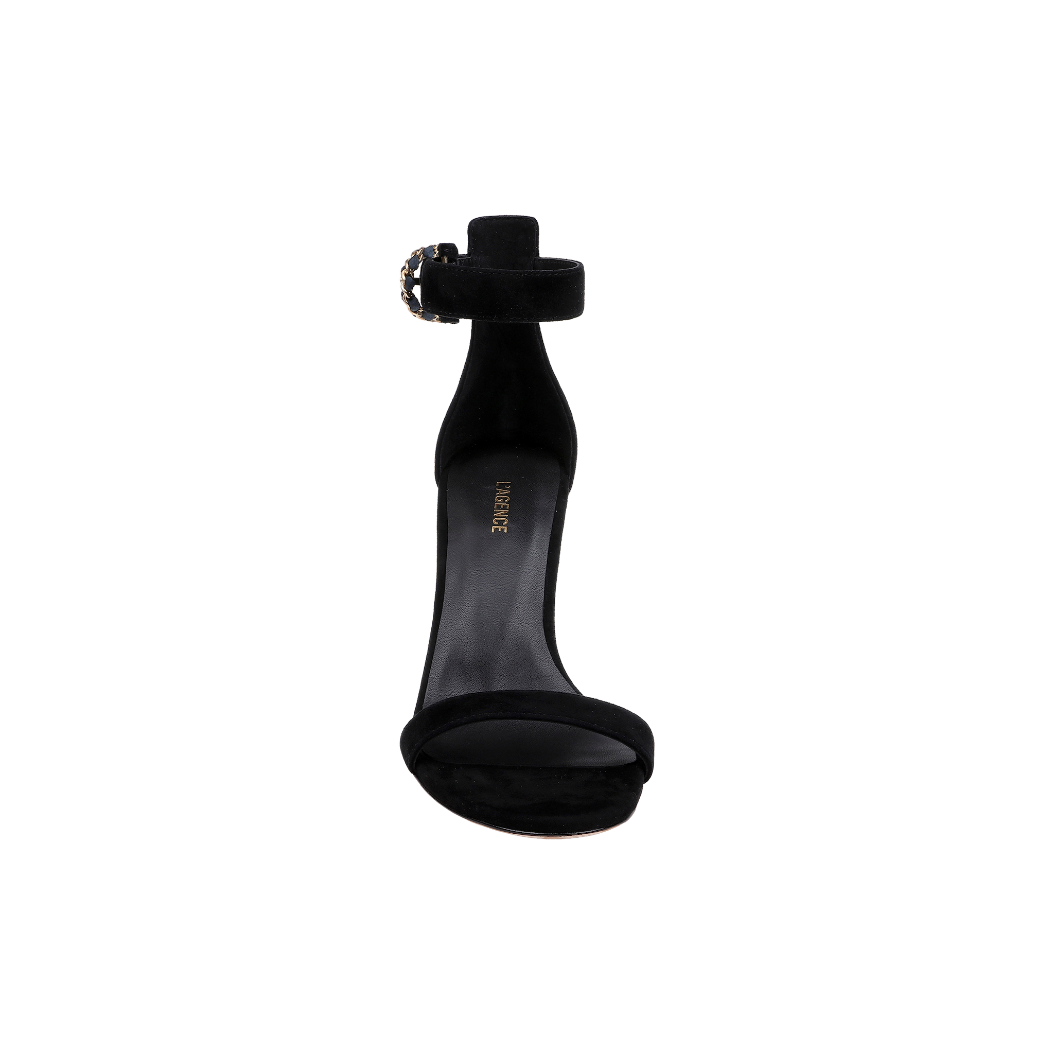 Front view of the Gisele Suede Sandal in black, featuring a heeled design with an ankle strap and a round buckle, displayed on a plain white background.