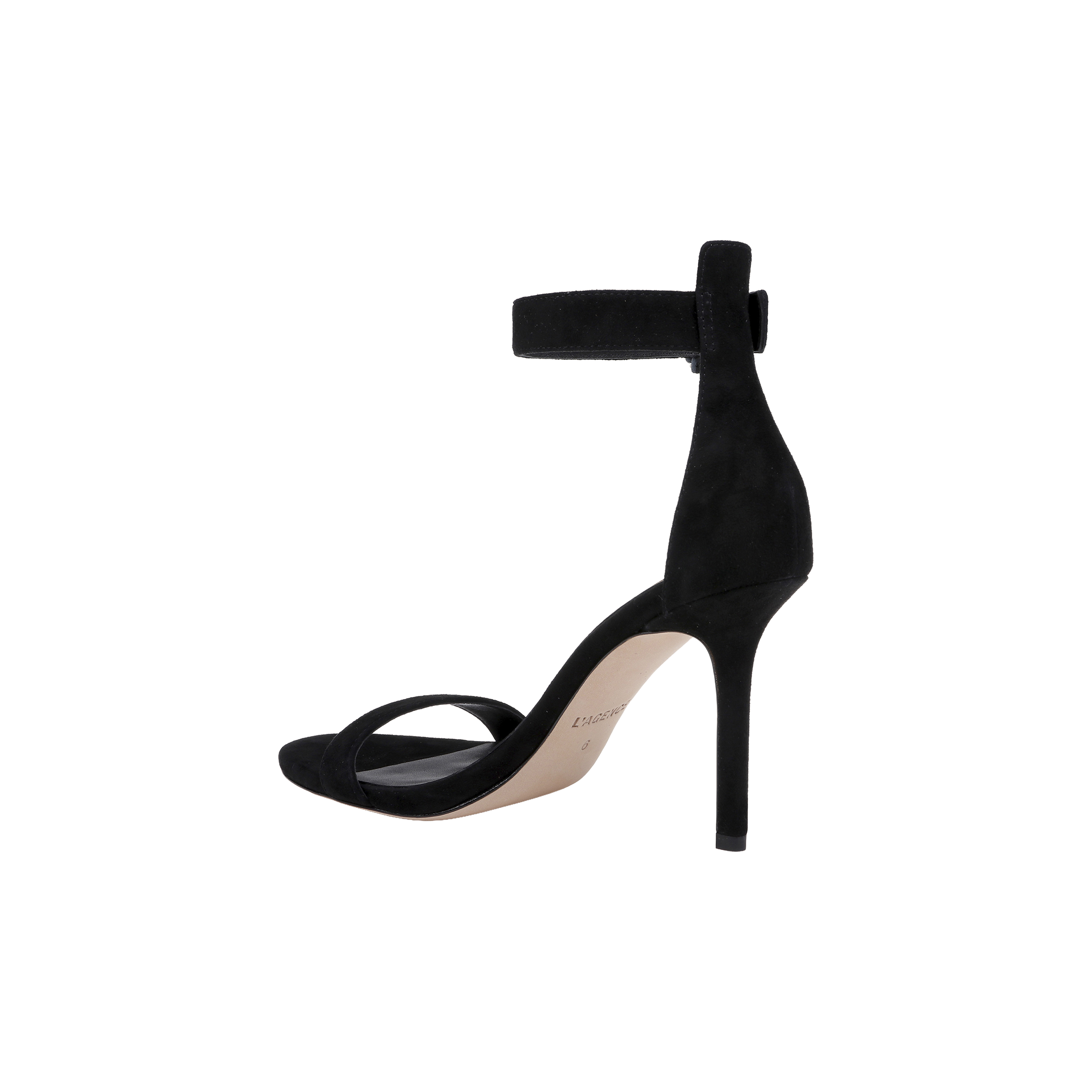 The Gisele Suede Sandal, a black ankle-strap design featuring a high heel and open toe, is displayed in a side profile against a plain white background.