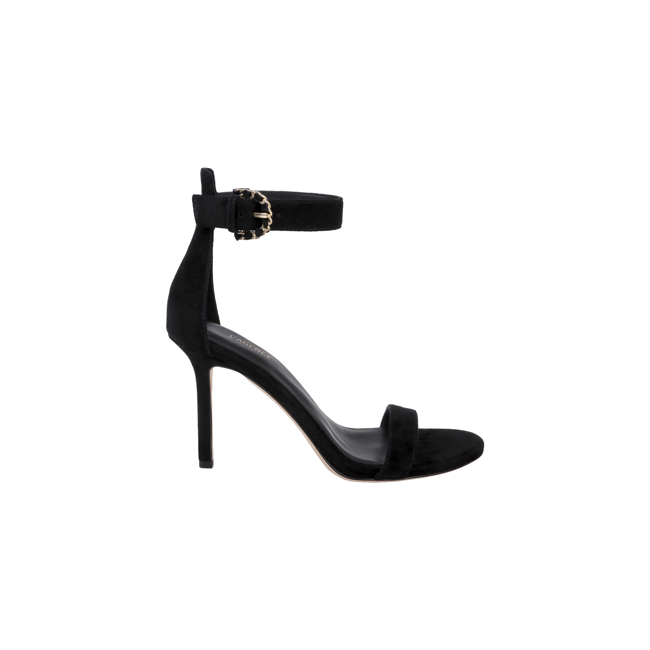 The Gisele Suede Sandal is a black ankle-strap sandal crafted from suede, showcasing a gold buckle, an open toe, and a fashionable stiletto heel, presented against a plain white background.