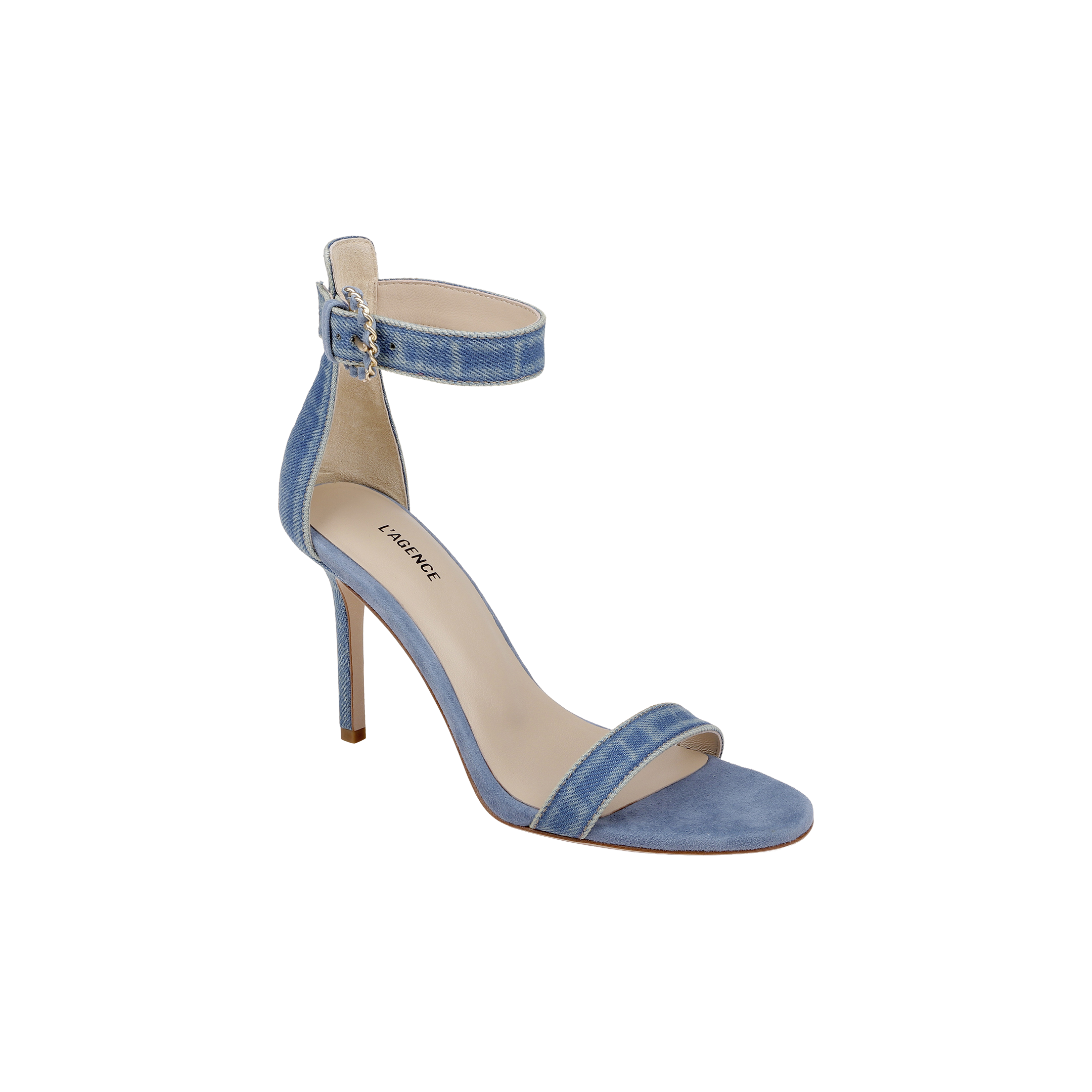 The Gisele Denim Sandal is a single ankle-strap sandal in blue denim, featuring a denim upper, open toe, sleek ankle strap with buckle, and a slim stiletto heel, displayed on a white background.