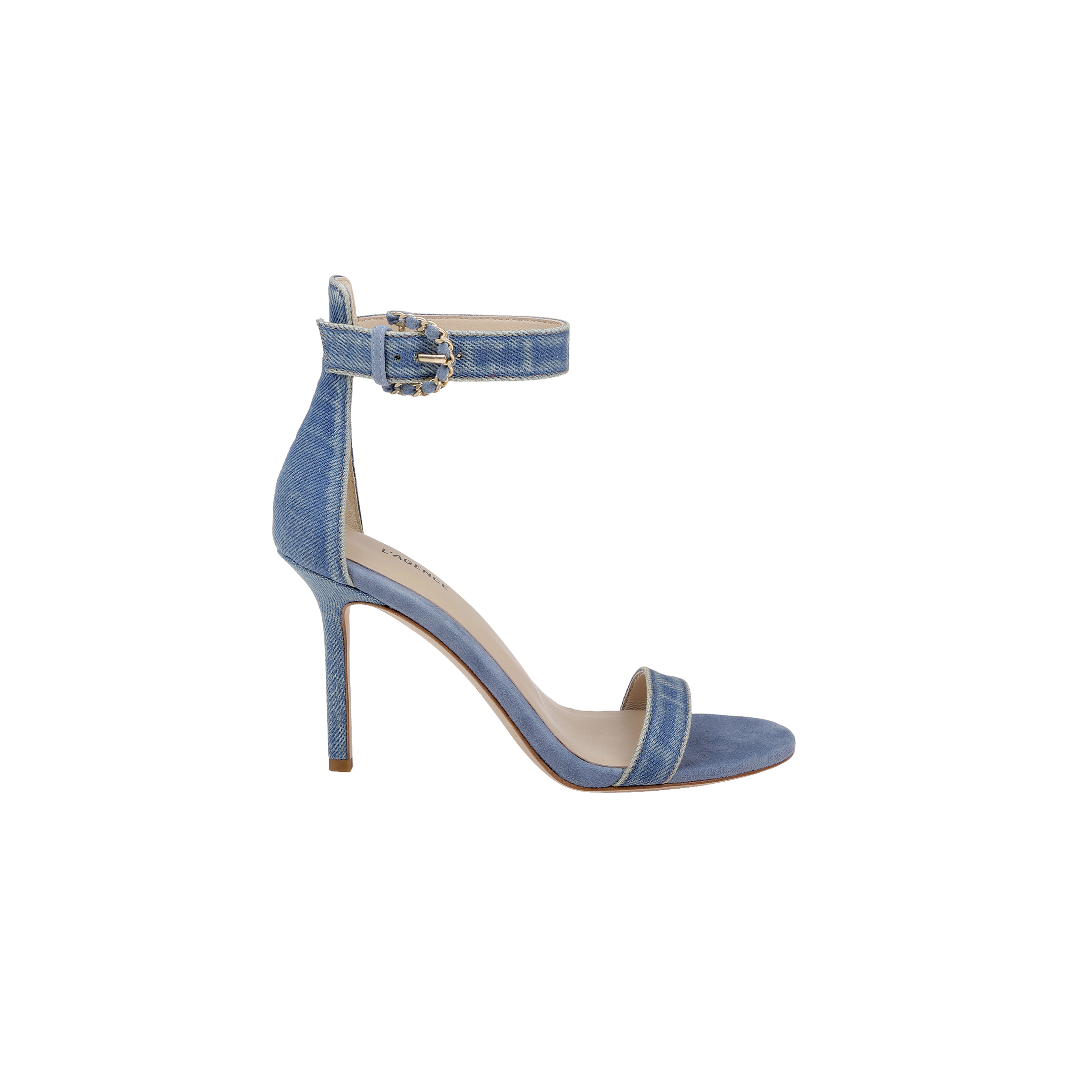 The Gisele Denim Sandal features a denim upper with an ankle strap, a buckle closure, and an open toe. Shown in side profile on a plain white background, this high-heeled sandal combines classic style with modern elegance.