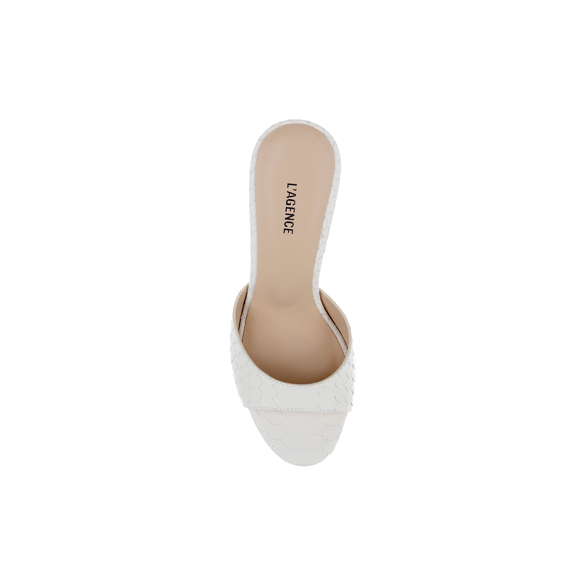 Top view of a single white Avery Leather Open-Toe Mule, featuring snake-embossed leather, a tan insole, and the brand name LAGENCE printed on the footbed.