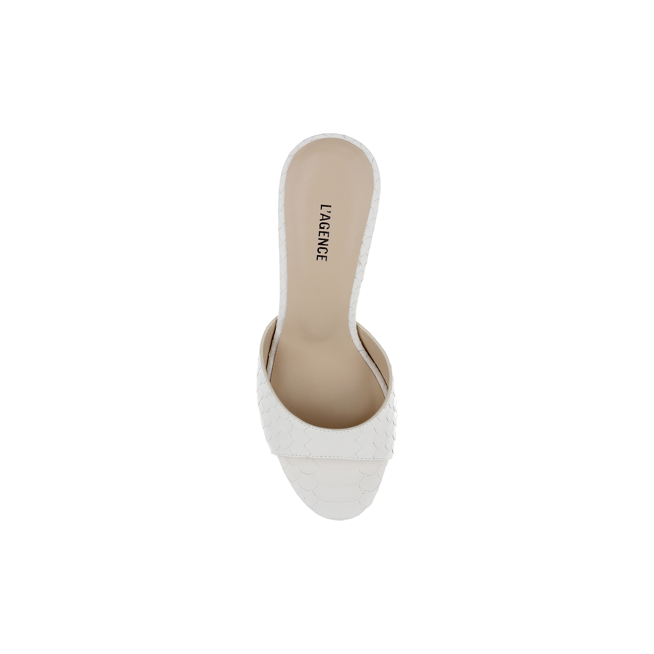 Top view of a single white Avery Leather Open-Toe Mule, featuring snake-embossed leather, a tan insole, and the brand name LAGENCE printed on the footbed.