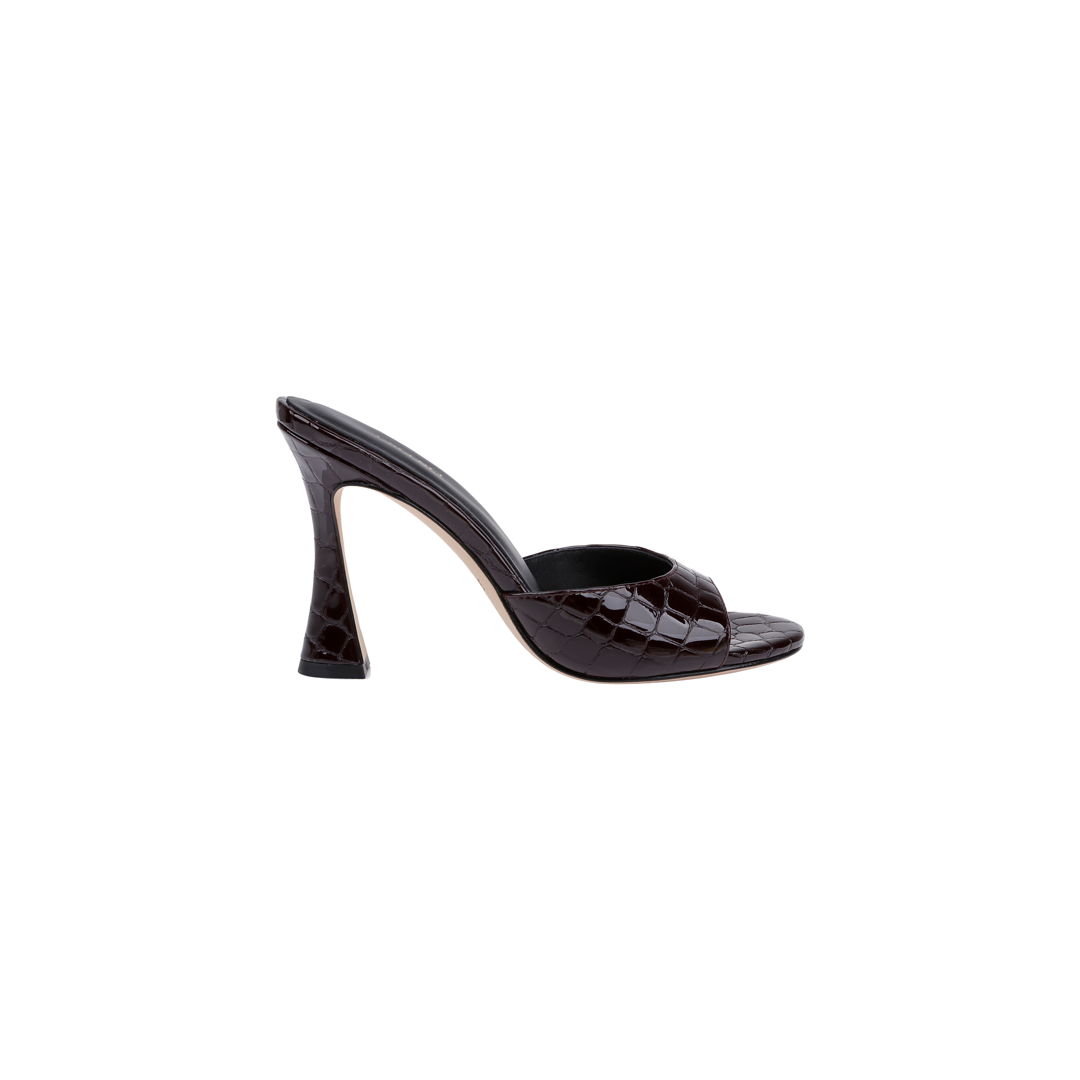 The Avery Leather Open-Toe Mule is a black, sculpted stiletto mule sandal featuring a textured, crocodile-like pattern, an open toe, and a wide strap across the front. It is displayed on a plain white background.