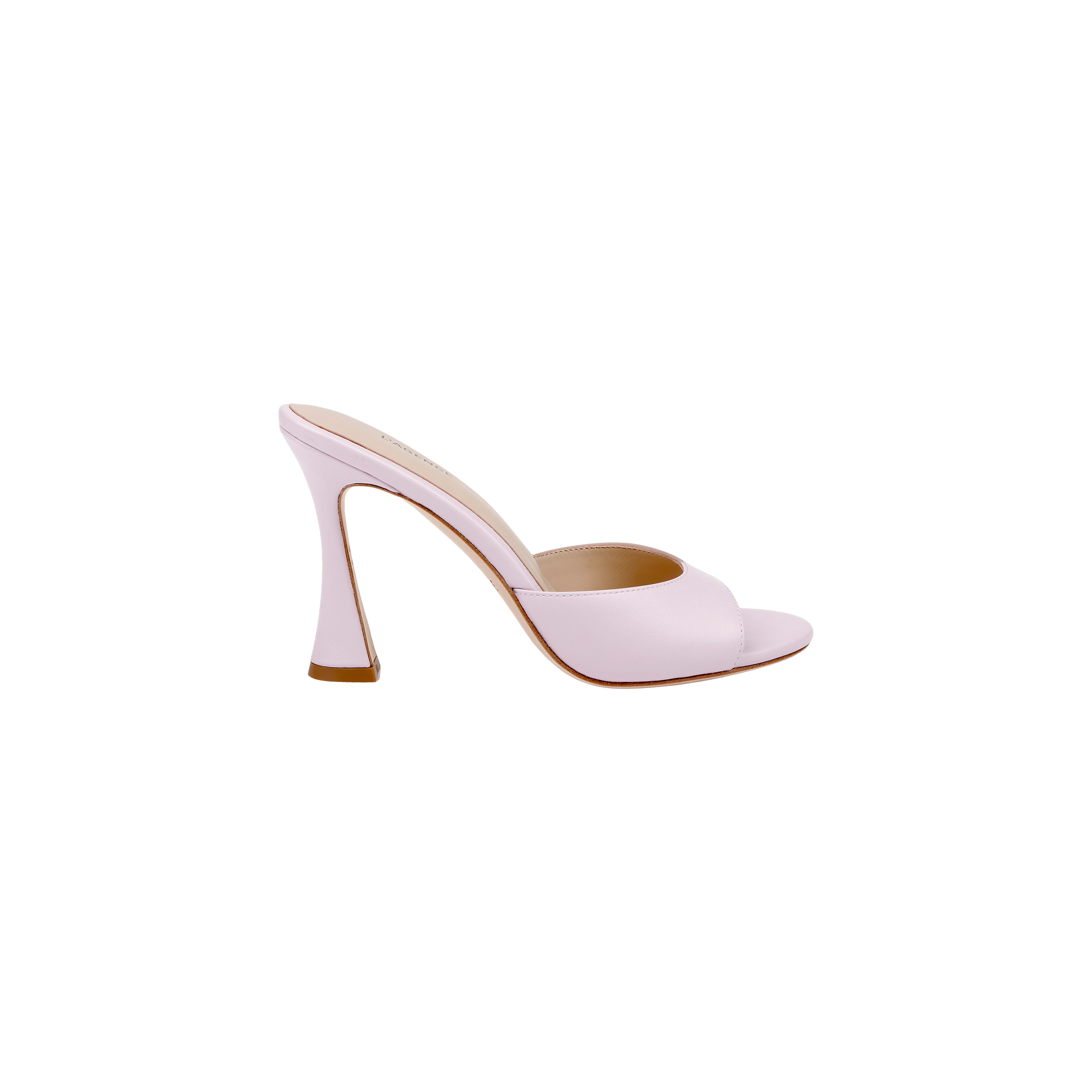 Avery Leather Open-Toe Mule in light pink leather, featuring an open toe and a sculpted, curved stiletto heel, displayed in a side profile view against a plain white background.