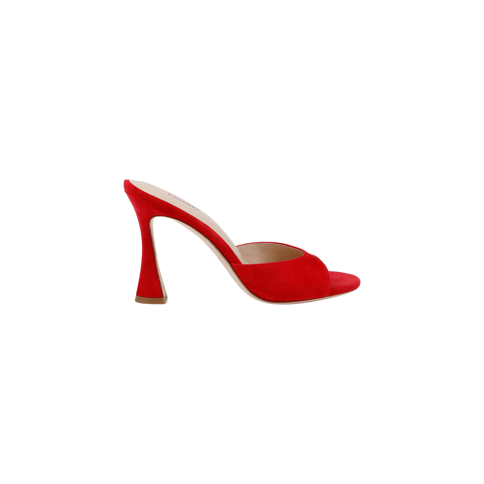 The Avery Suede Open-Toe Mule, shown in profile on a white background, features a single red suede design with an open toe and a sculpted, flared heel.