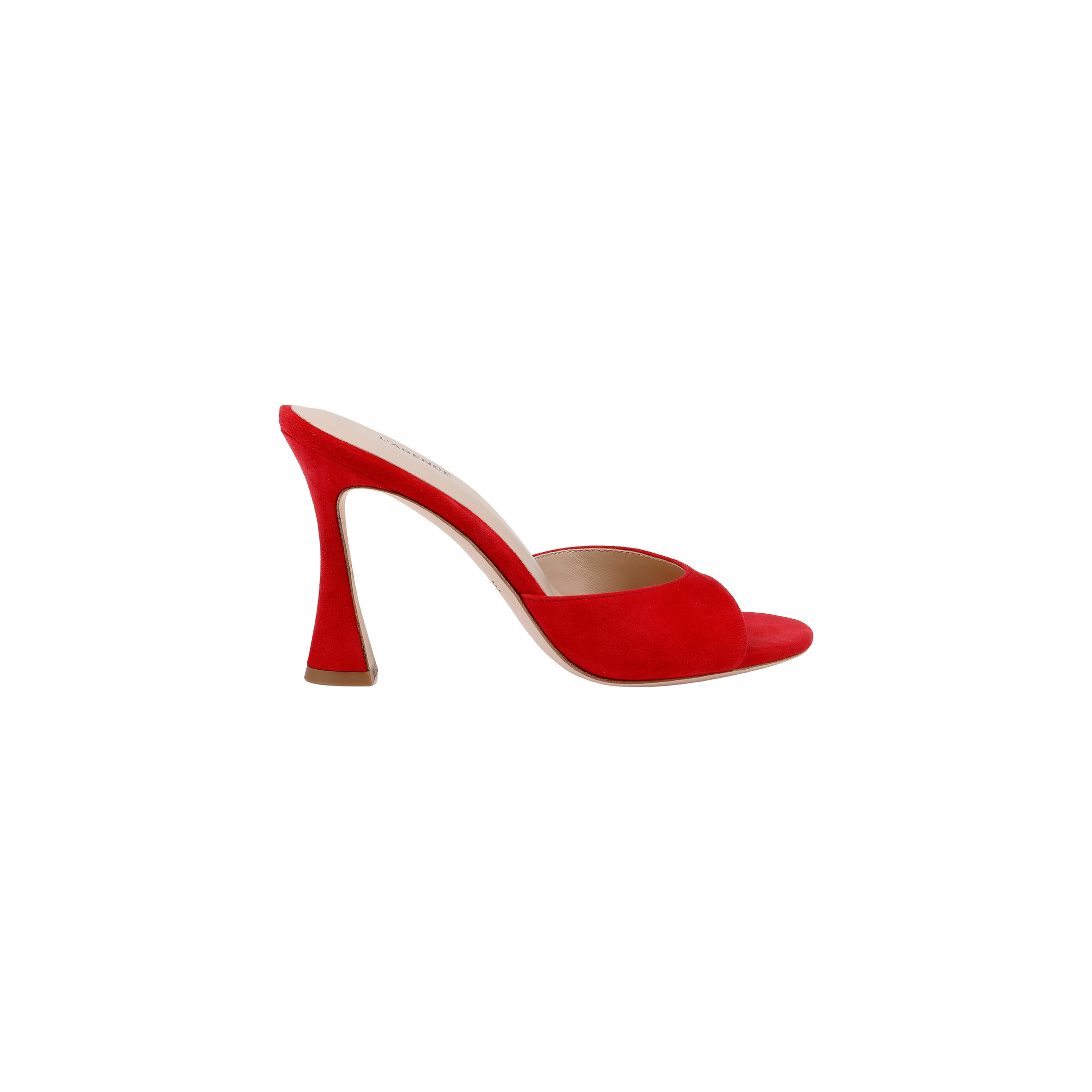 The Avery Suede Open-Toe Mule, shown in profile on a white background, features a single red suede design with an open toe and a sculpted, flared heel.