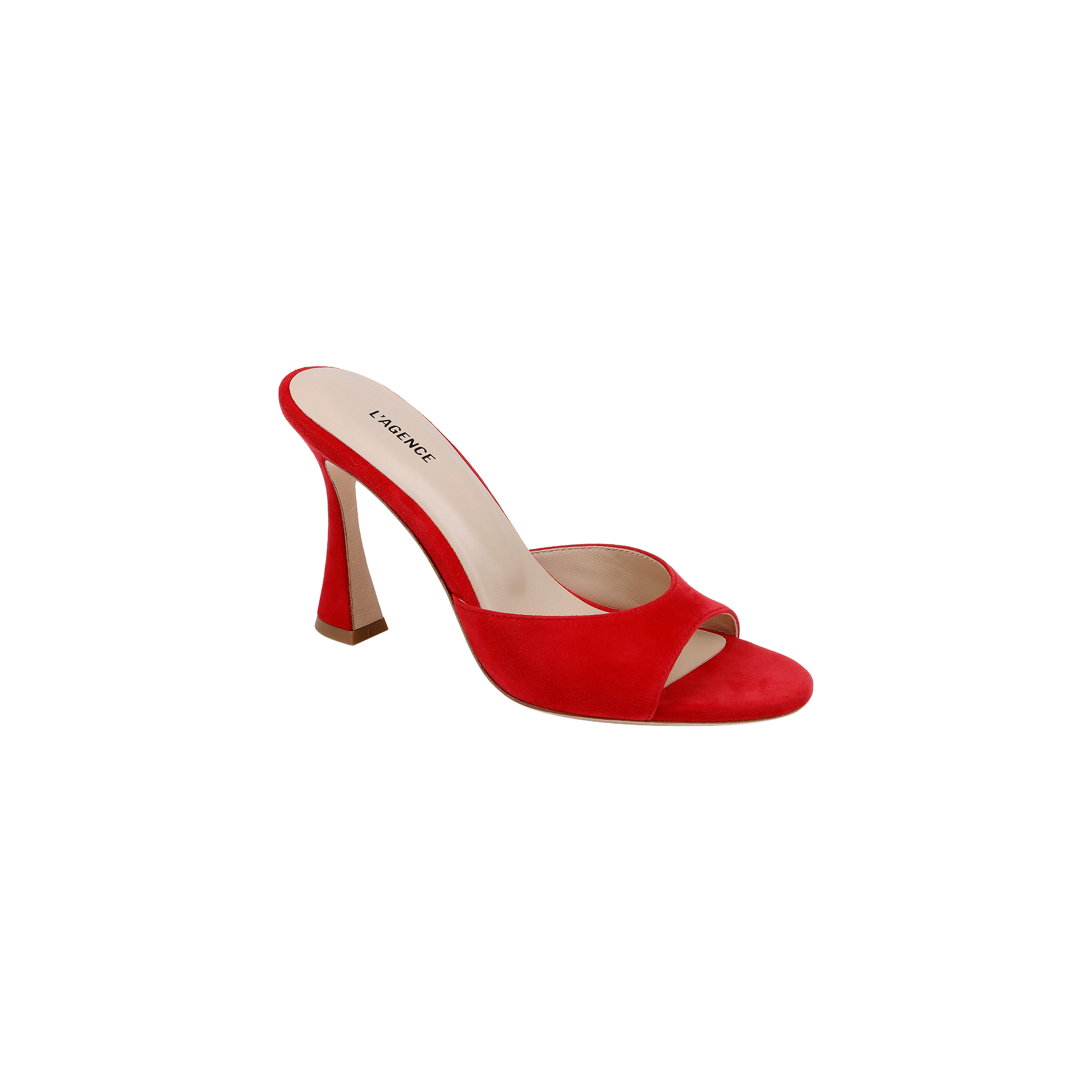 The Avery Suede Open-Toe Mule, featuring a striking red suede finish, an open toe, and a sculpted stiletto heel, is showcased against a plain white background.