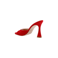 Avery Suede Open-Toe Mule in red suede, shown from the side against a white background, features a flared sculpted heel and a comfortable memory foam insole.