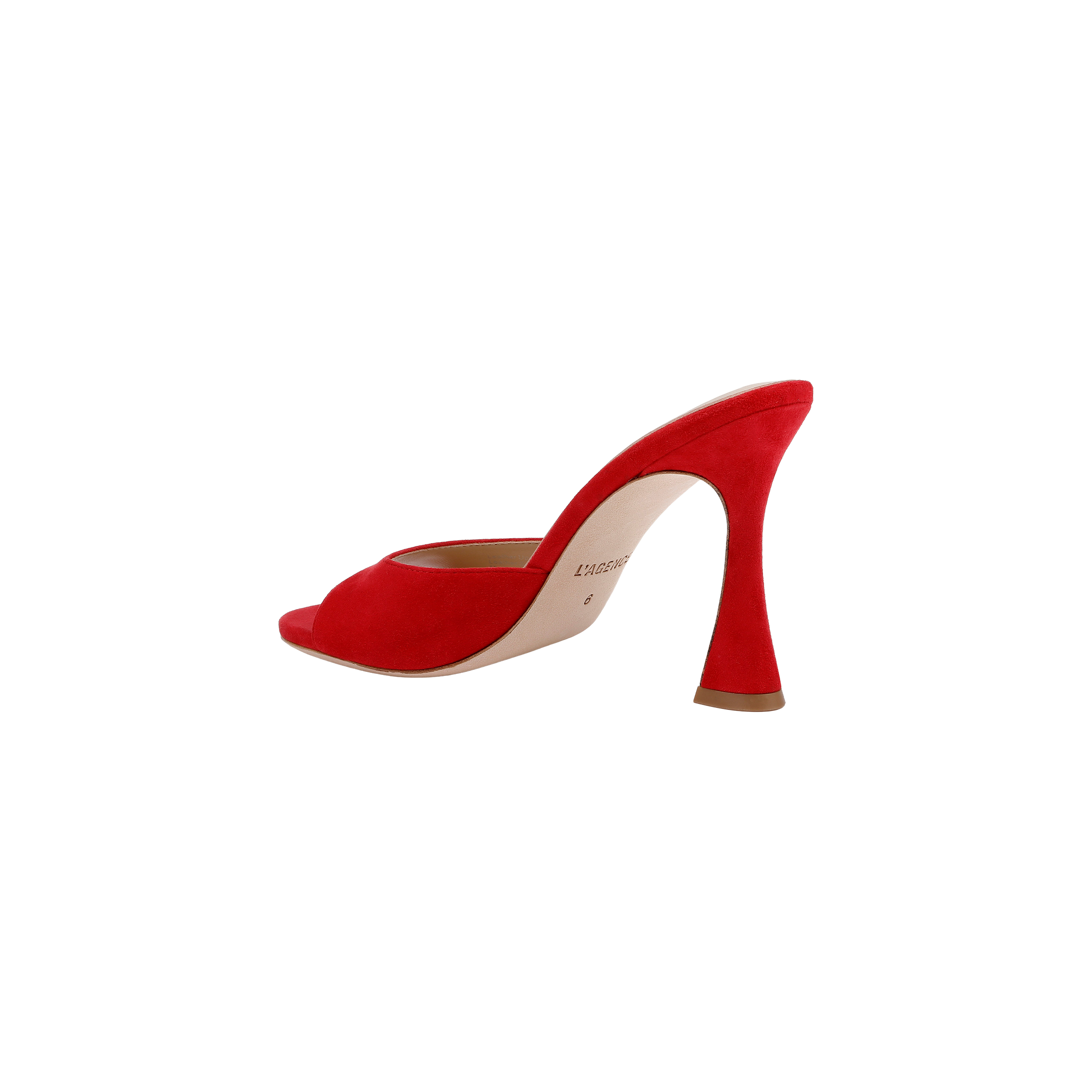 Avery Suede Open-Toe Mule in red suede, shown from the side against a white background, features a flared sculpted heel and a comfortable memory foam insole.