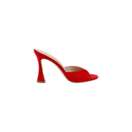 The Avery Suede Open-Toe Mule is a single red suede mule with an open toe, a sculpted stiletto heel, and a memory foam insole, displayed on a plain white background.