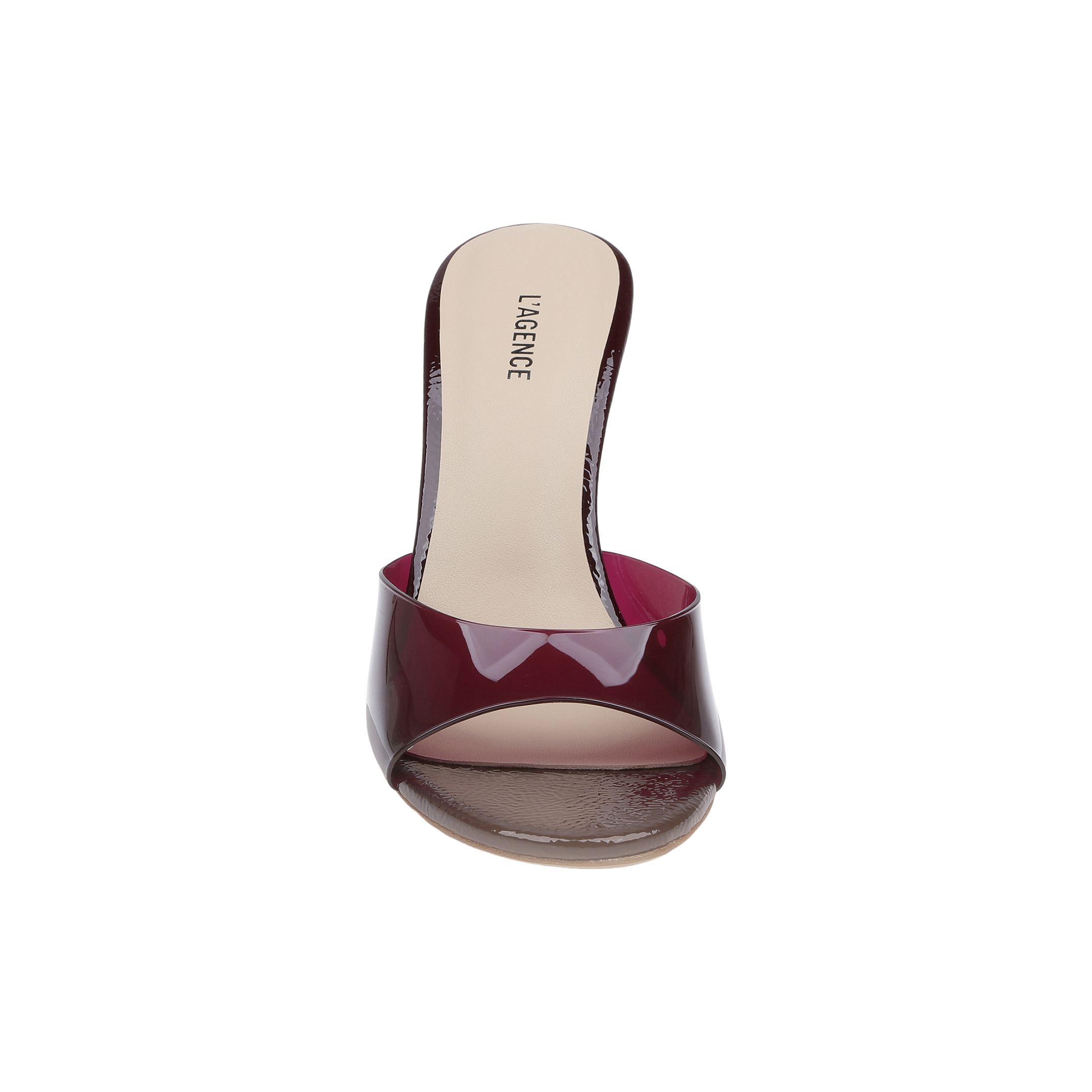 The Avery Open-Toe Mule is a single maroon sculpted stiletto with an open-toe design and a transparent upper strap, shown from the front against a plain white background.
