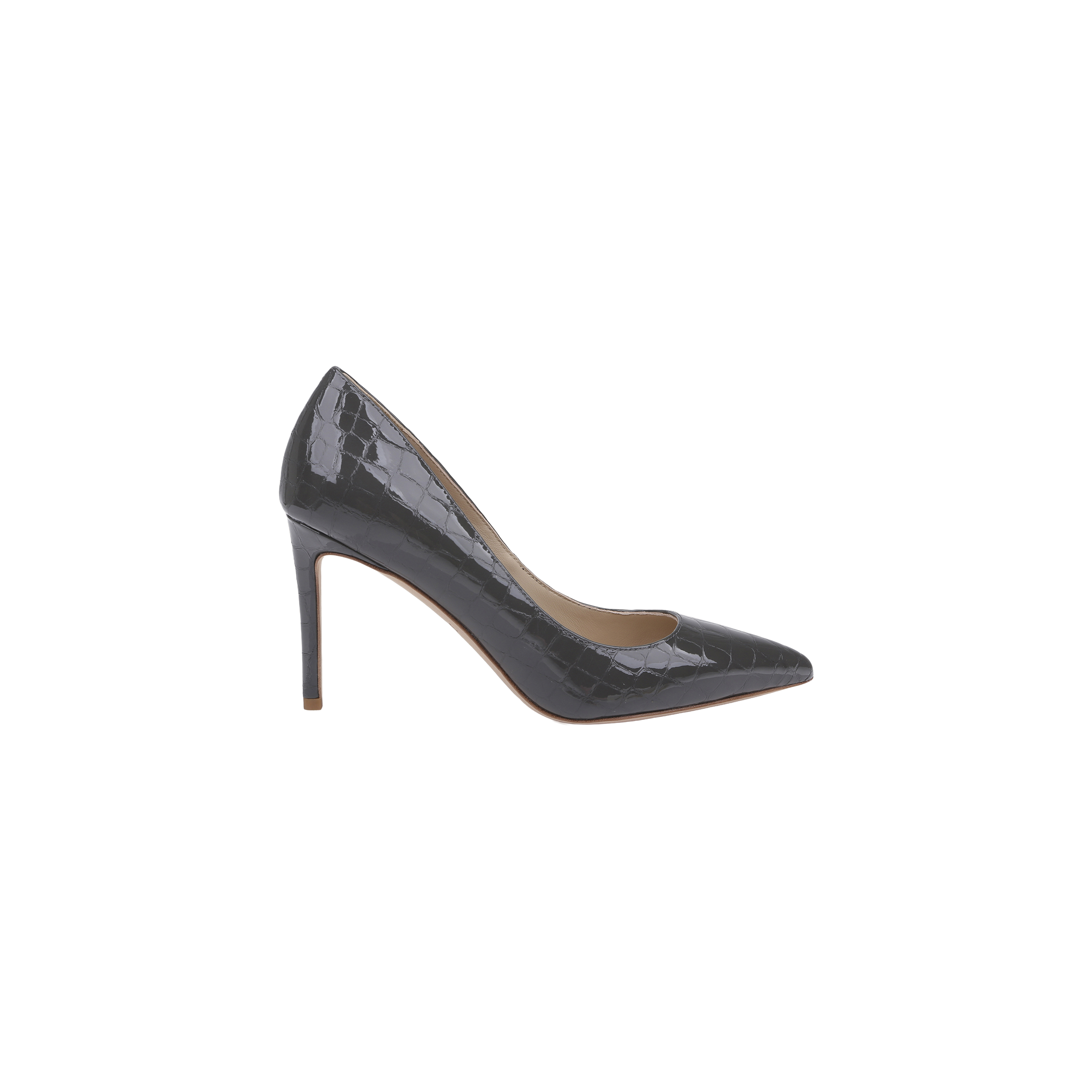 The Maelle Leather Pump is a single black crocodile-embossed leather shoe featuring a pointed toe and a high stiletto heel, displayed on a white background.