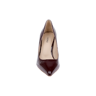 The Maelle Leather Pump is displayed from the front on a white background, showcasing the elegant silhouette of these wine-red patent leather heels.