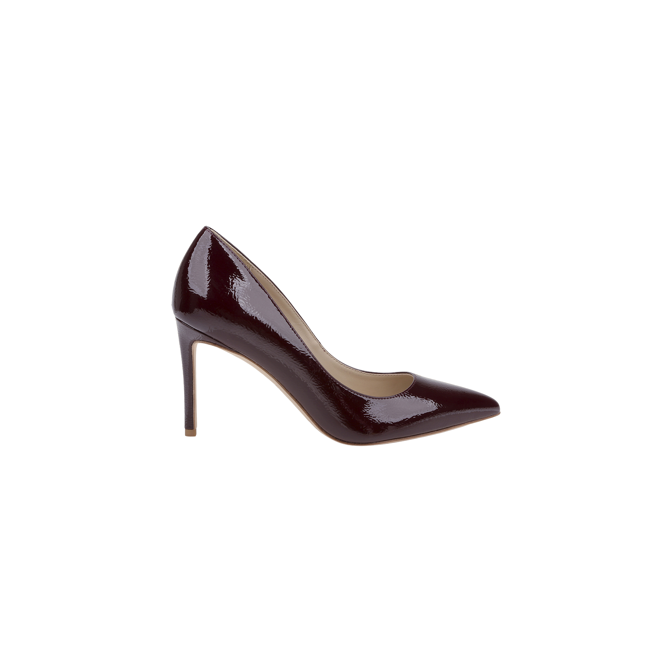 A single Maelle Leather Pump in dark burgundy patent leather, showcasing a pointed toe and high heel, is displayed from the side against a plain white background.