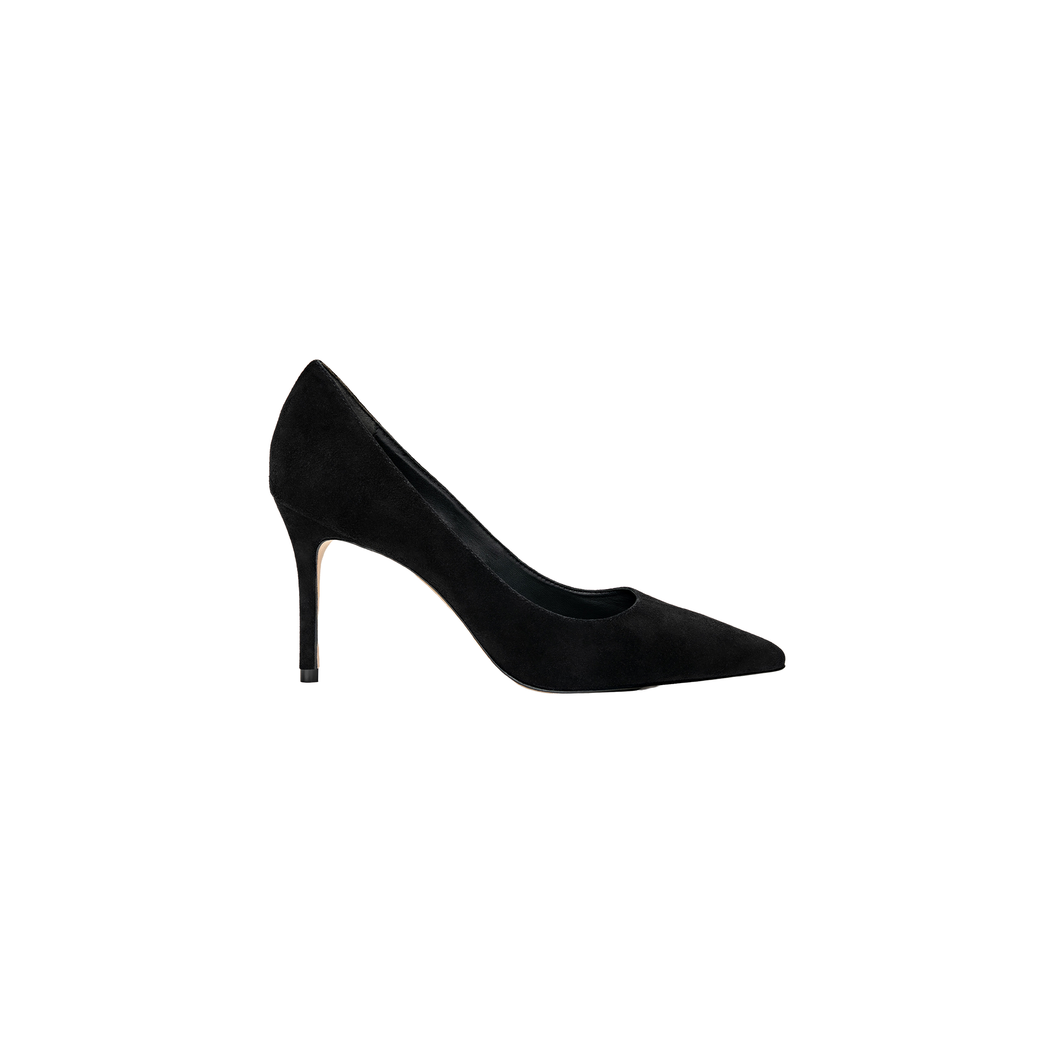 The Maelle Suede Pump features black suede, a pointed toe, and a stiletto heel, shown in a side view against a plain white background.