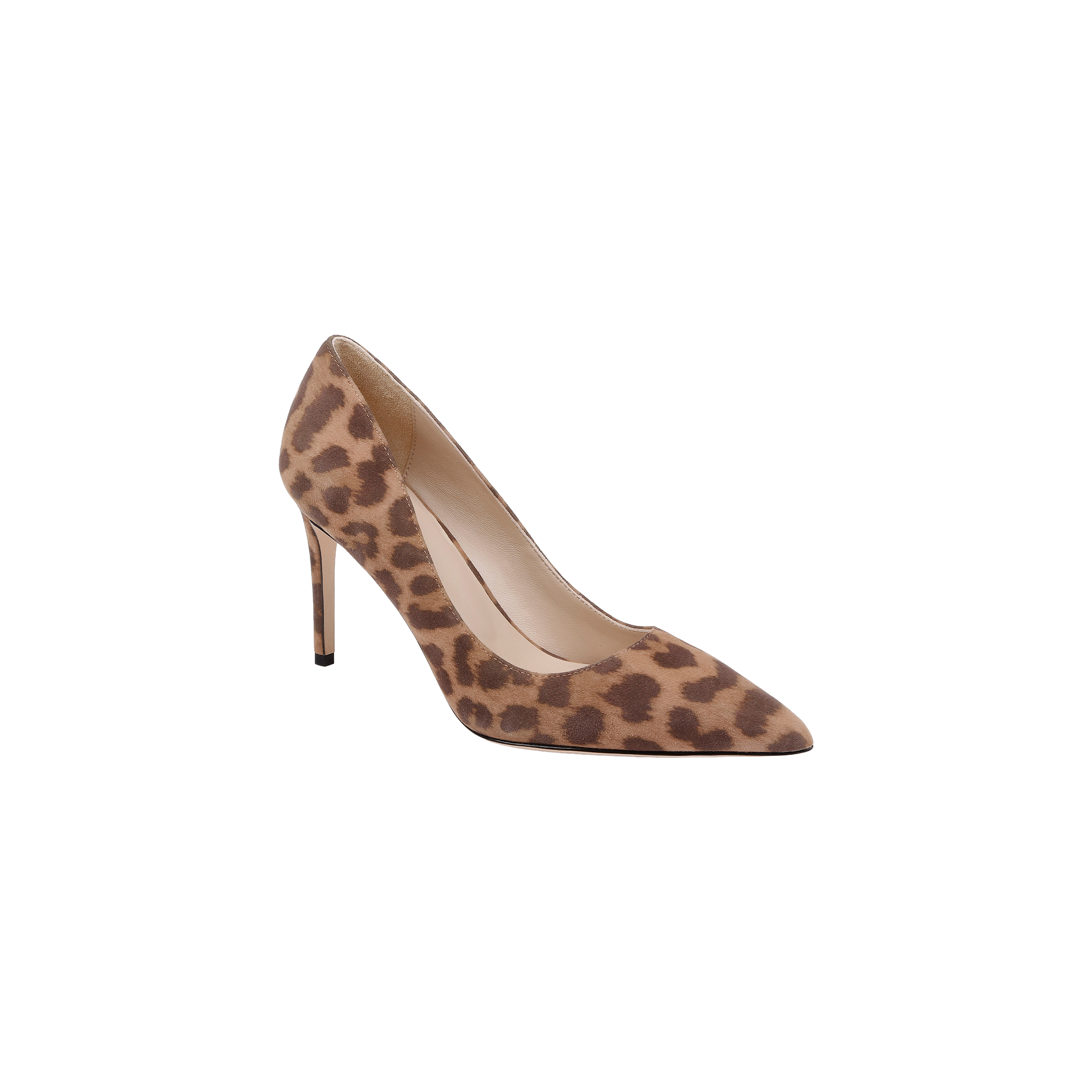 The Maelle Suede Pump, featuring a pointed toe, stiletto heel, and a brown and tan leopard print suede pattern, is displayed on a plain white background.