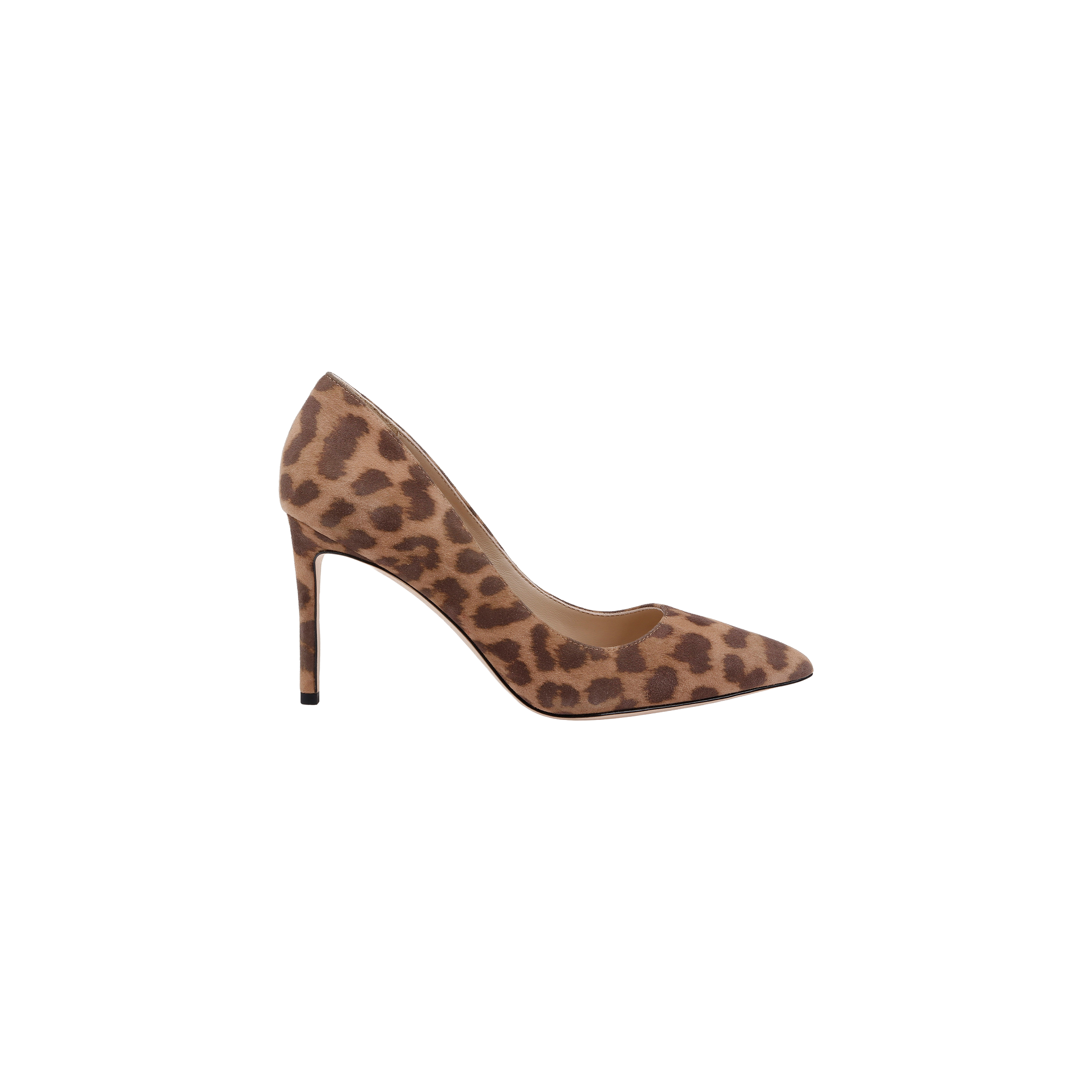 The Maelle Suede Pump is a classic, pointed-toe heel showcasing a brown and black leopard print suede pattern and a stiletto heel, displayed in profile against a white background.