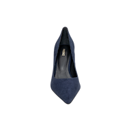 The Maelle Suede Pump, a navy blue pointed-toe stiletto high-heel shoe, is photographed from above on a white background.