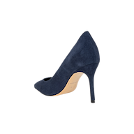 The Maelle Suede Pump, shown in navy blue from a back-side angle on a plain white background, features a high stiletto heel and a comfortable memory foam insole.