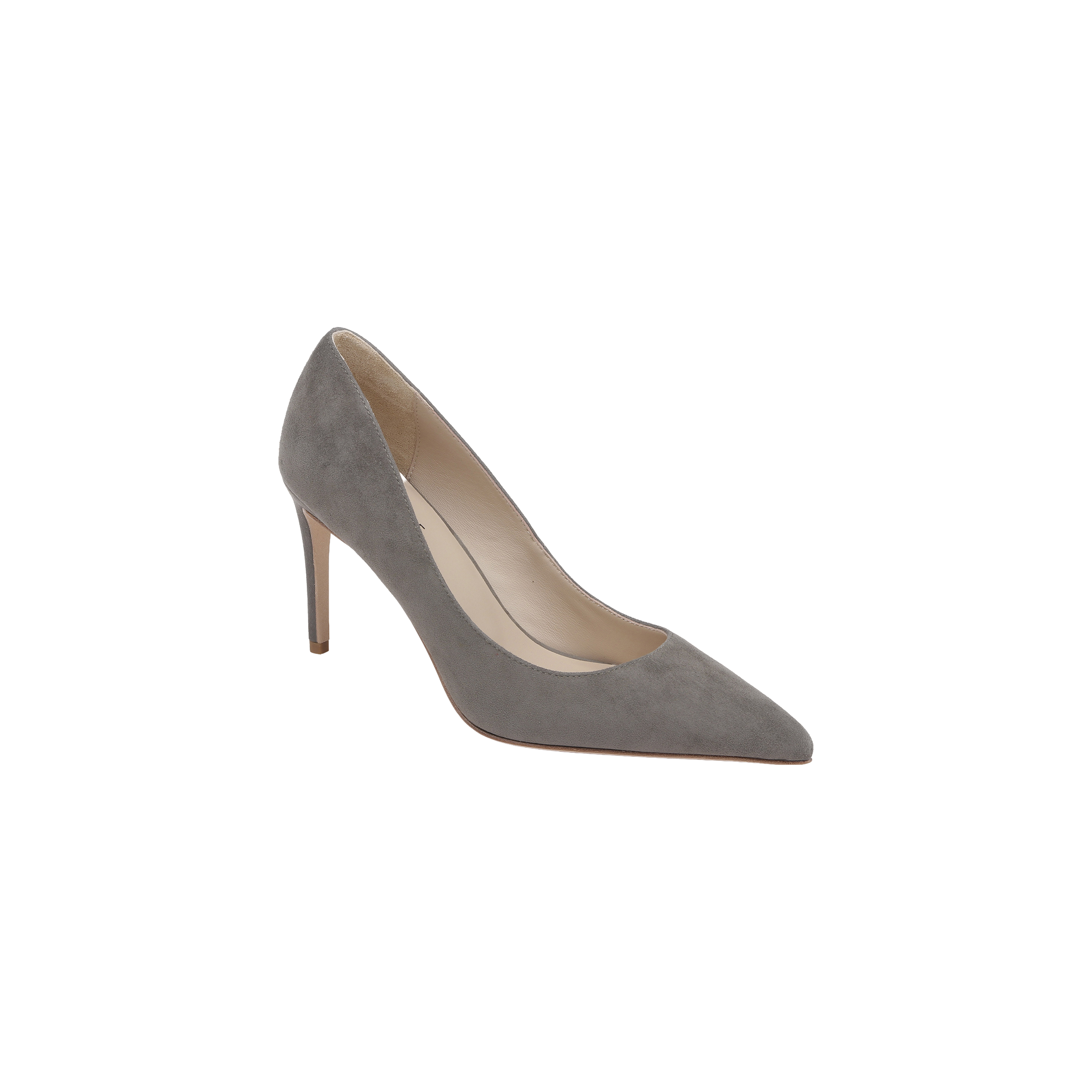 The Maelle Suede Pump in smoke grey features a pointed toe and slender stiletto heel, shown on a white background at a three-quarter angle.