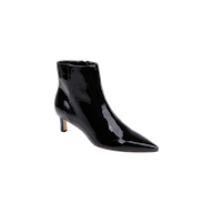 The Lilly Kitten-Heel Bootie is a single black patent leather bootie featuring a pointed toe and a mid-height kitten heel, displayed against a plain white background.