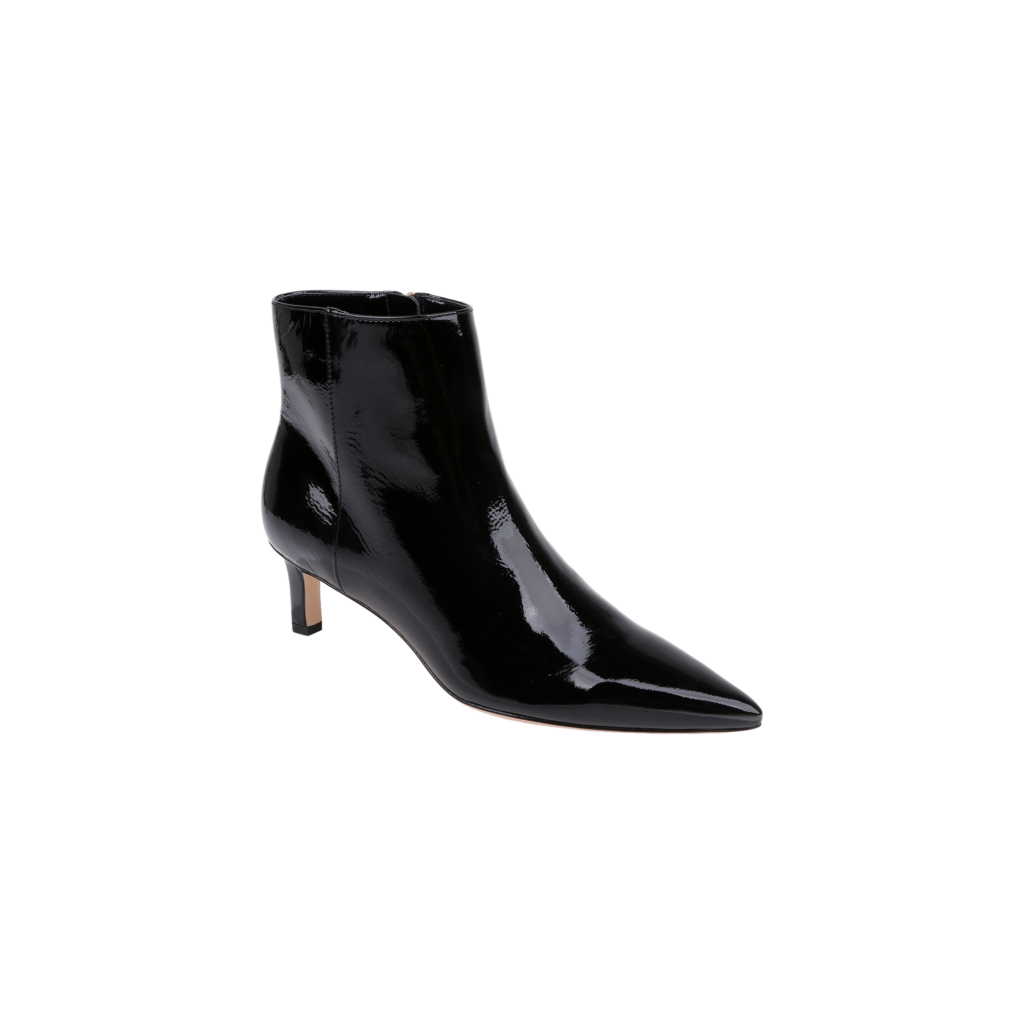 The Lilly Kitten-Heel Bootie is a single black patent leather bootie featuring a pointed toe and a mid-height kitten heel, displayed against a plain white background.