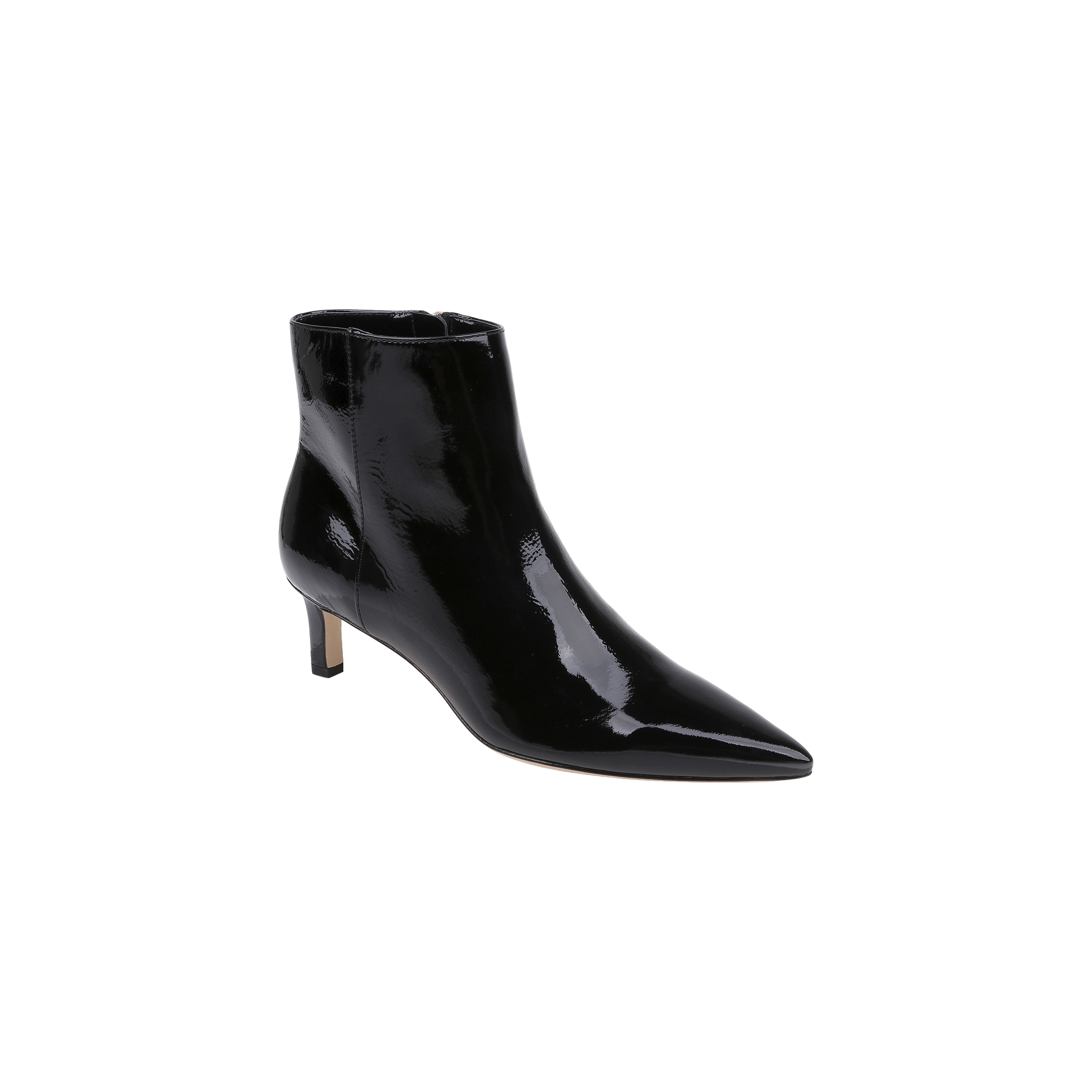 The Lilly Kitten-Heel Bootie is a single black patent leather bootie featuring a pointed toe and a mid-height kitten heel, displayed against a plain white background.