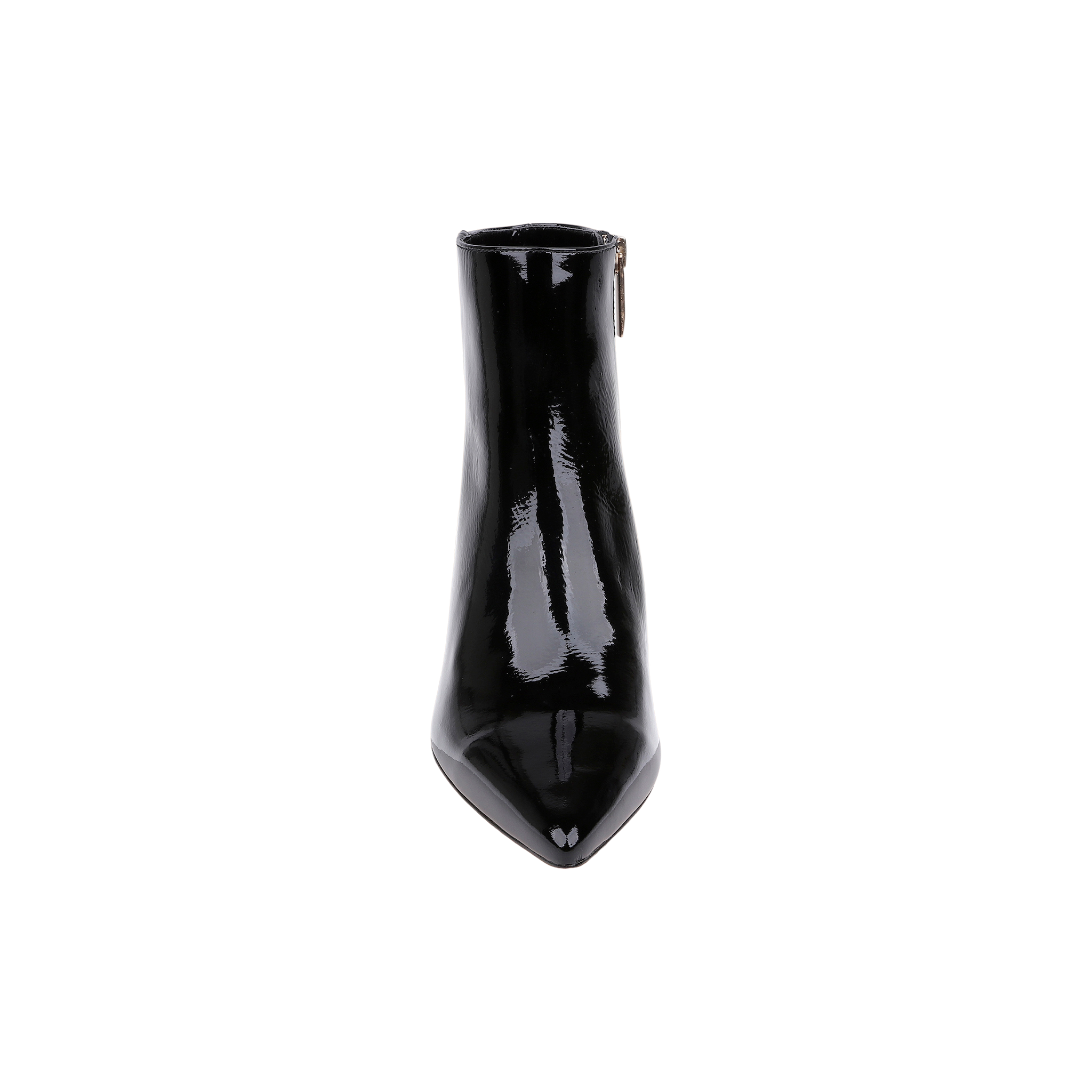The Lilly Kitten-Heel Bootie, crafted from shiny black patent leather, features a pointed toe and a side zipper. It is shown from the front against a plain white background.