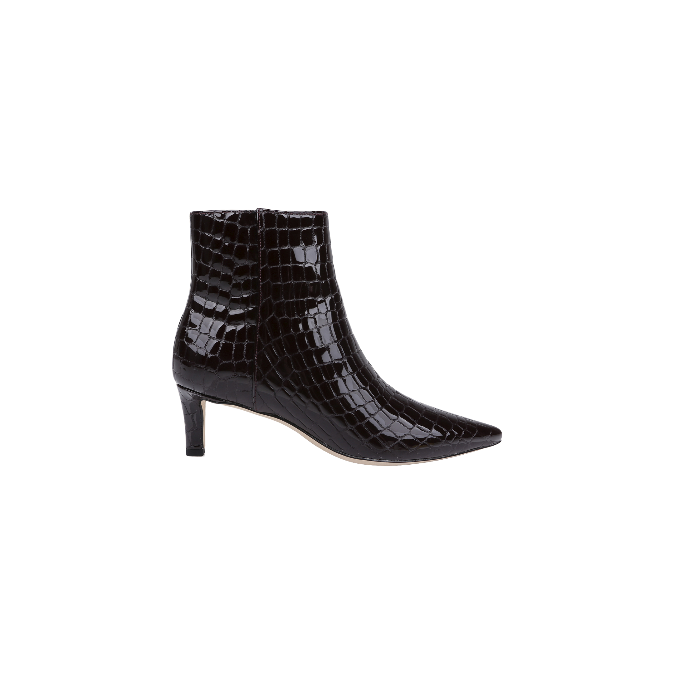 The Lilly Kitten-Heel Bootie is a black, crocodile-embossed leather ankle boot featuring a pointed toe and kitten heel, displayed on a plain white background.