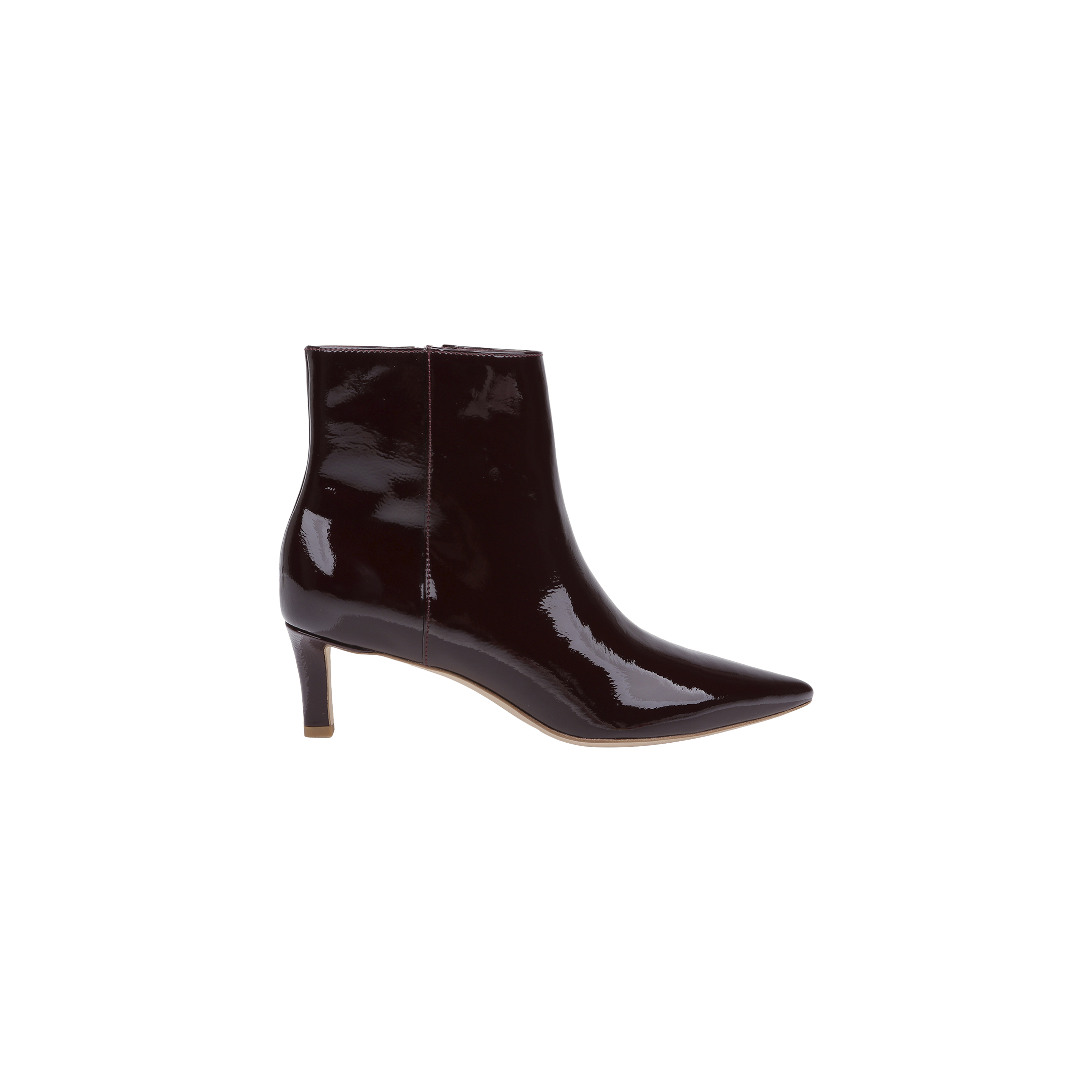 The Lilly Kitten-Heel Bootie, a shiny dark brown patent leather ankle boot with a pointed toe and mid-height heel, is shown in profile against a plain white background.
