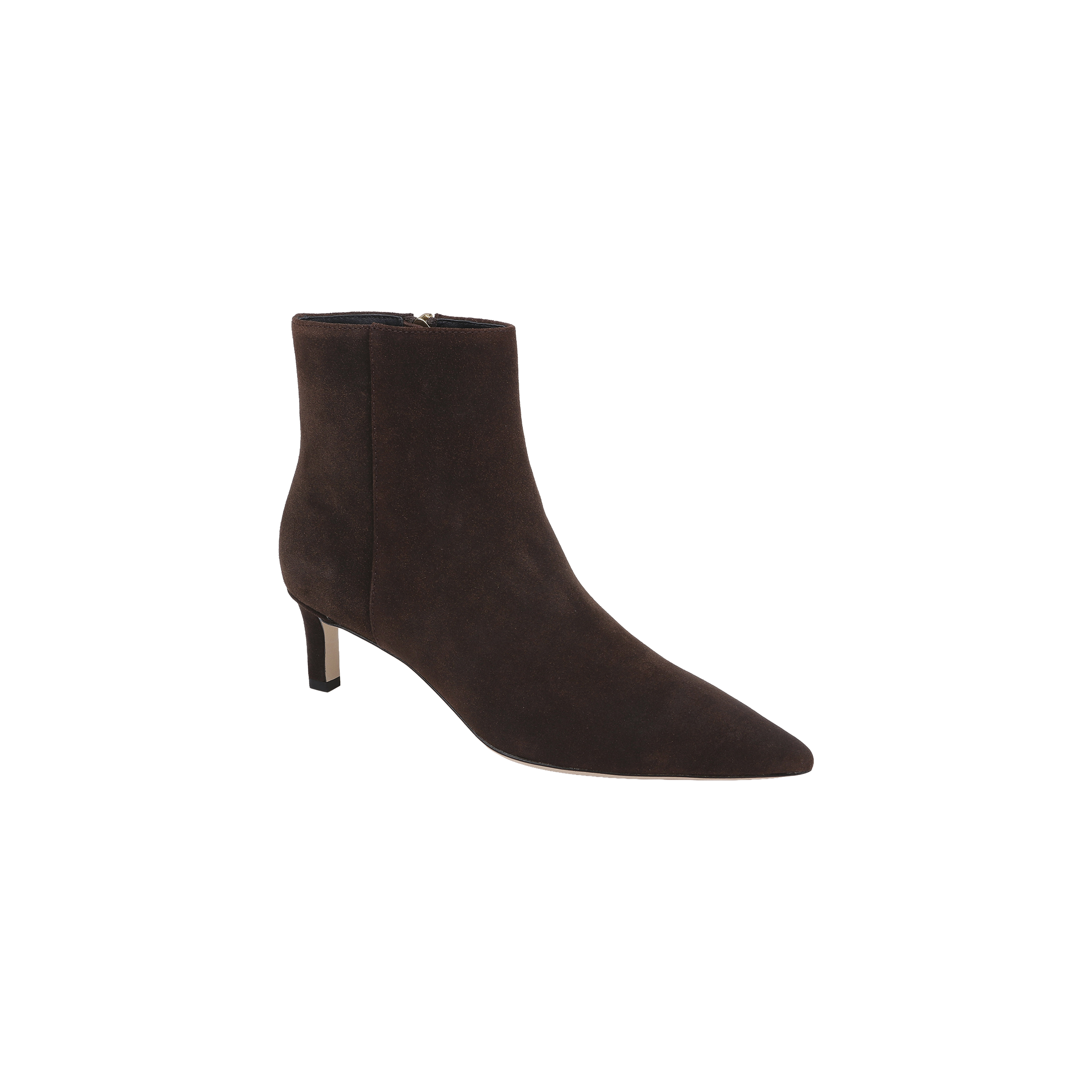 The Lilly Kitten-Heel Bootie, a single dark brown suede city boot featuring a pointed toe and a low kitten heel, is displayed on a plain white background.