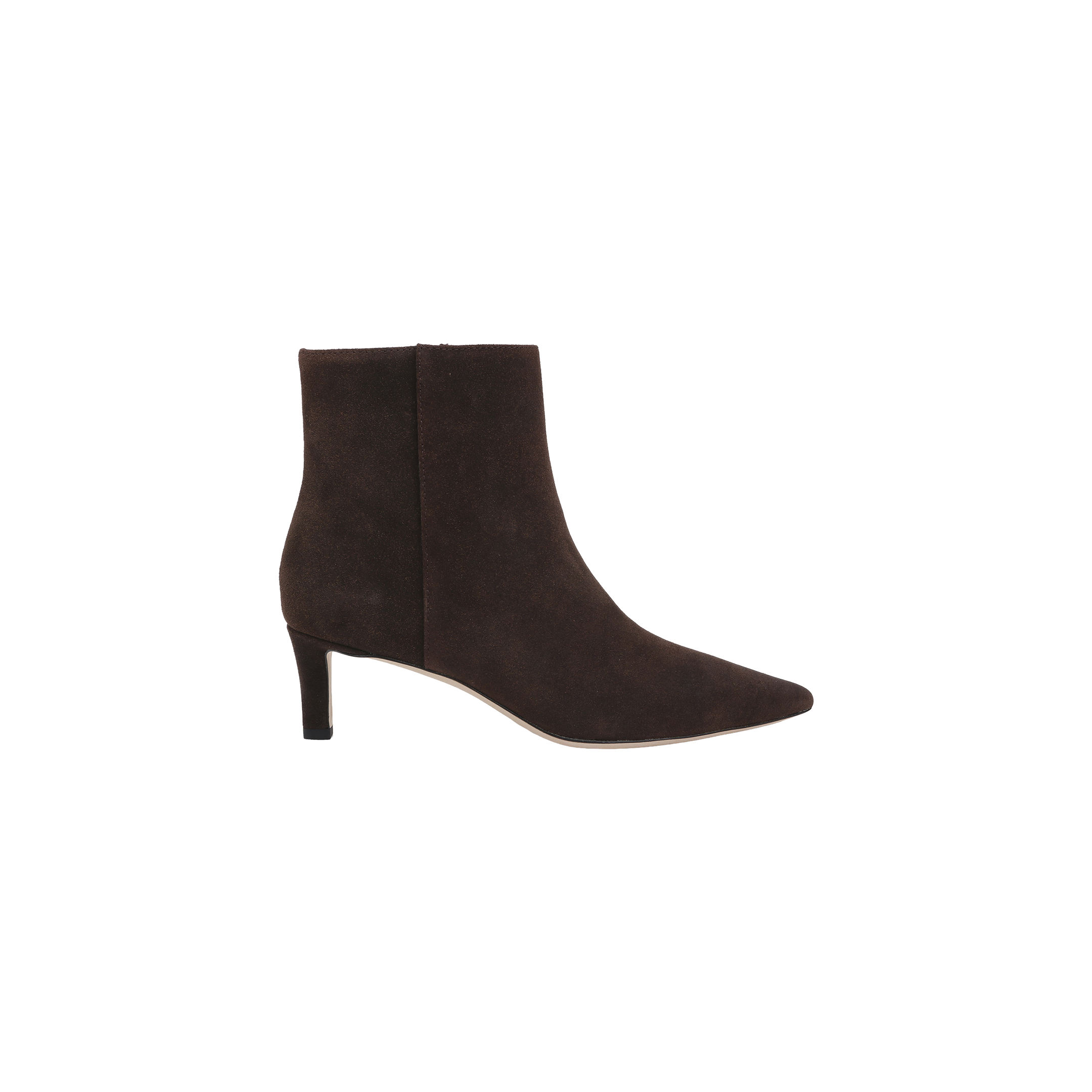 The Lilly Kitten-Heel Bootie is displayed from the side on a plain white background, showcasing its dark brown suede material, pointed toe, and mid-height kitten heel.