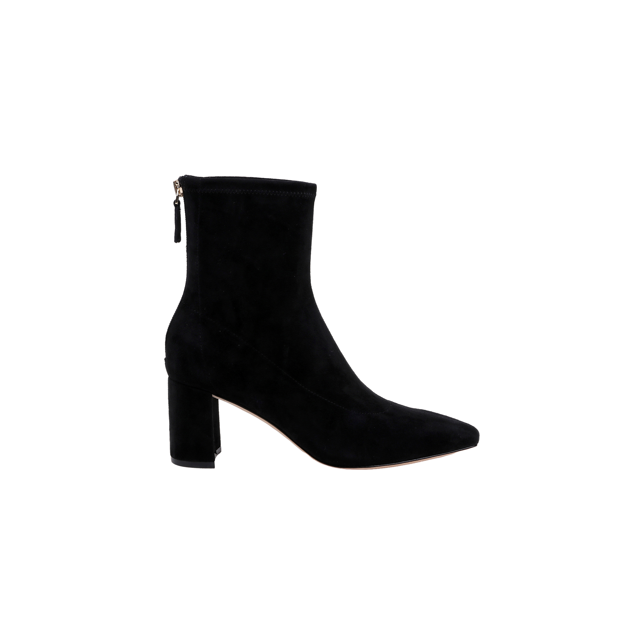 The Salome Stretch Suede Boot features a black suede finish, pointed toe, block heel, and a back zipper. It is shown from the side against a plain white background.